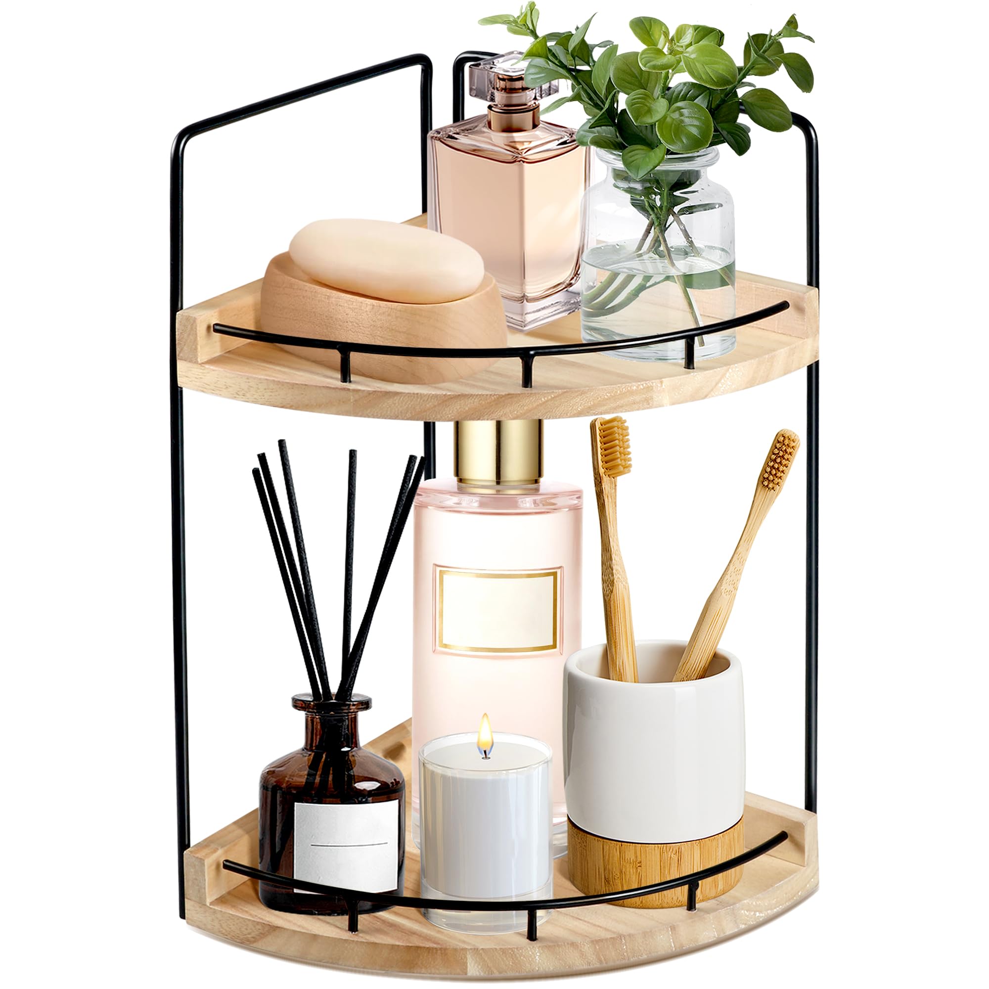 2 Tier Bathroom Counter Organizer, Bathroom Counter Tray and Vanity Organizer, Wood Corner Countertop Tray for Kitchen, Dresser (Rustic Wood)