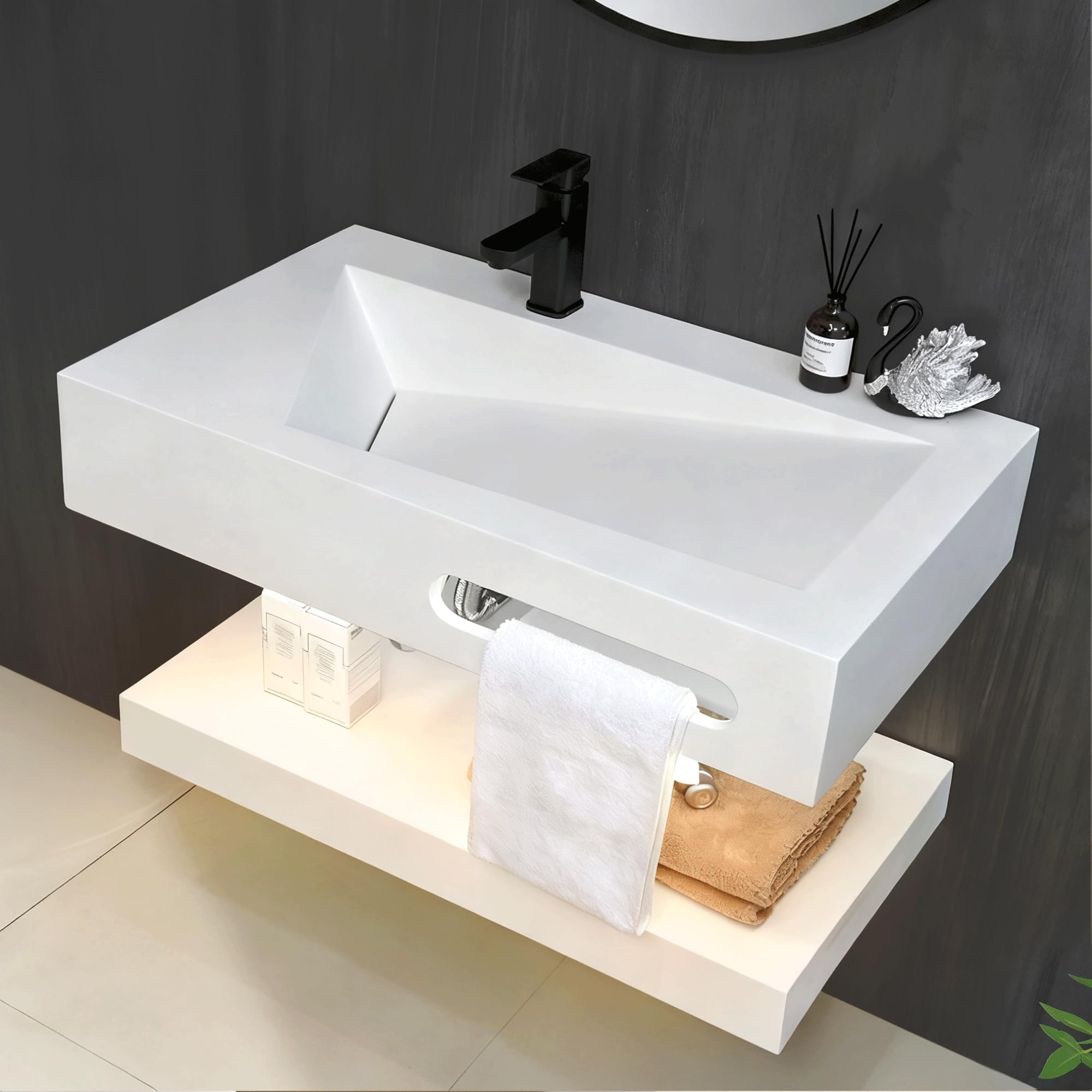 32"x19" Wall Mount Bathroom Vanity with Sink Stone Resin Floating Vanity Sink Rectangular Vessel Sinks for Bathroom White Trough Art Basin with Shelf Layer