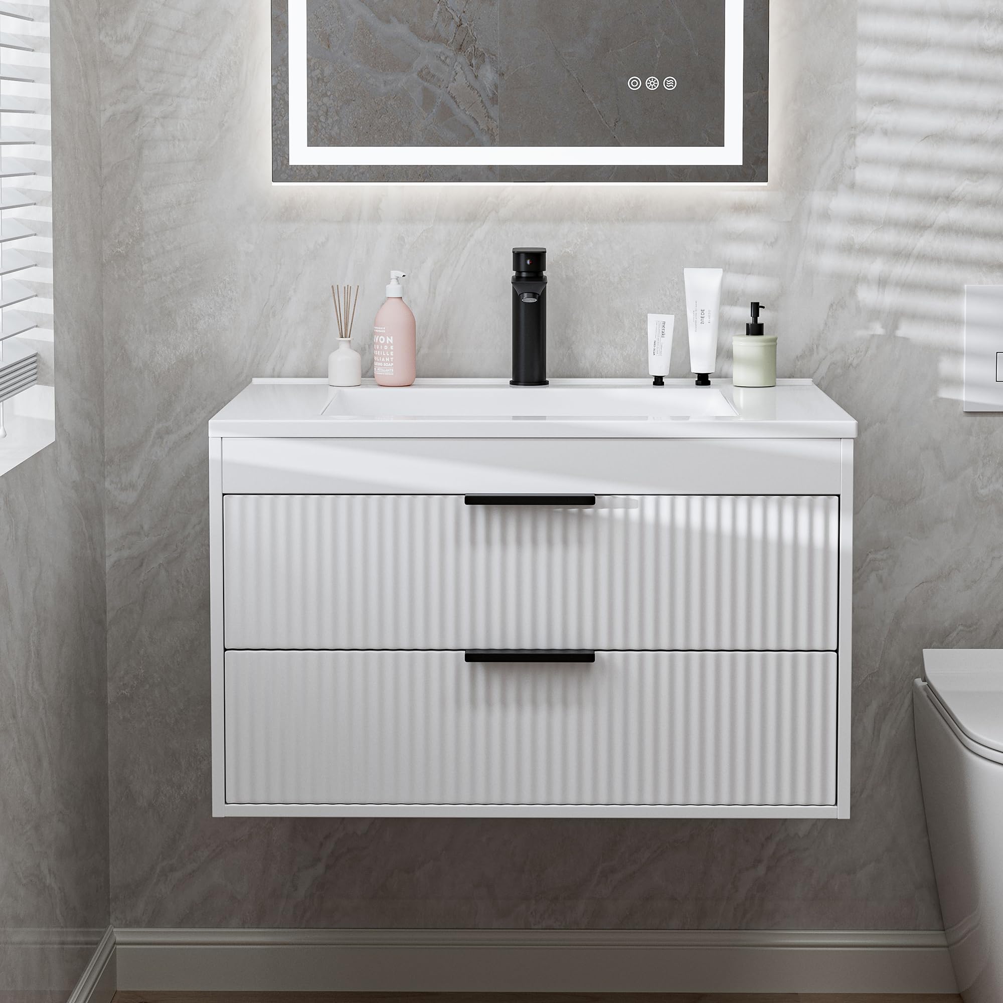 24 Inches Modern MDF Bathroom Vanity with Sink, Wall Mounted Floating Cabinets w/Double Drawers, Black Handles, White Resin Sink Combo Set (White, 24")