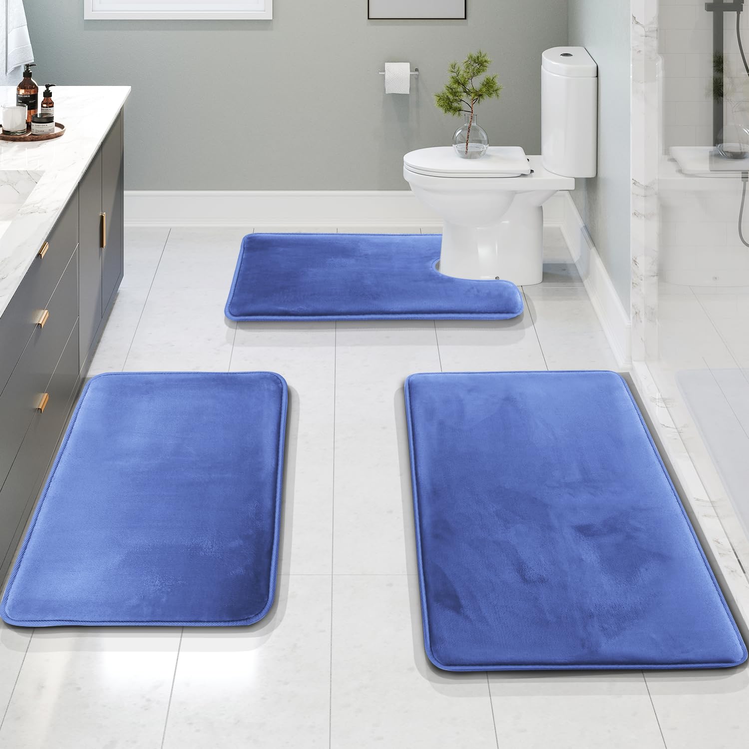 Clara Clark 3 Piece Bathroom Rugs Bath Mat Set, Velvet Memory Foam Bath Mats for Bathroom - Non-Slip, PVC Backing Bath Rugs, Washable - Dries Quickly, Black