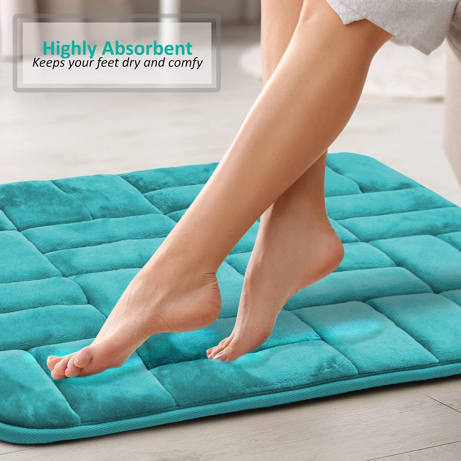 Clara Clark Contour Bath Mat, Non-Slip Velvet Memory Foam Bathroom Rug, Machine Wash, Dries Quickly, Soft and Plush Toilet U-Shaped Bath Rug, 20 x 24 Inch, Tiled Design - Teal
