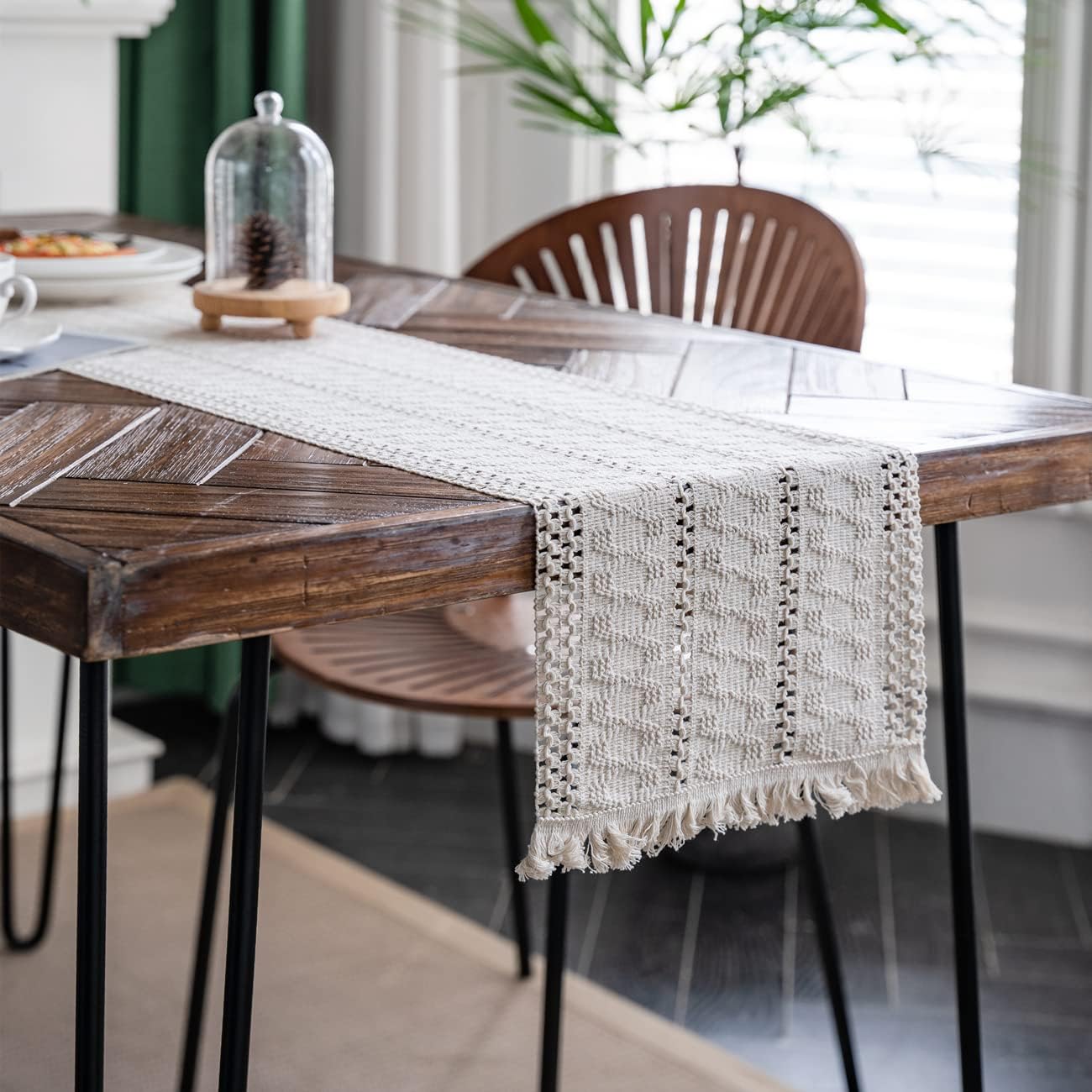 Macrame Table Runner Cream Beige Boho Table Runners with Tassels Hand Woven Cotton Table Runner Rustic Farmhouse Table Runners for Bohemian Kitchen Dining Table(12x71in)