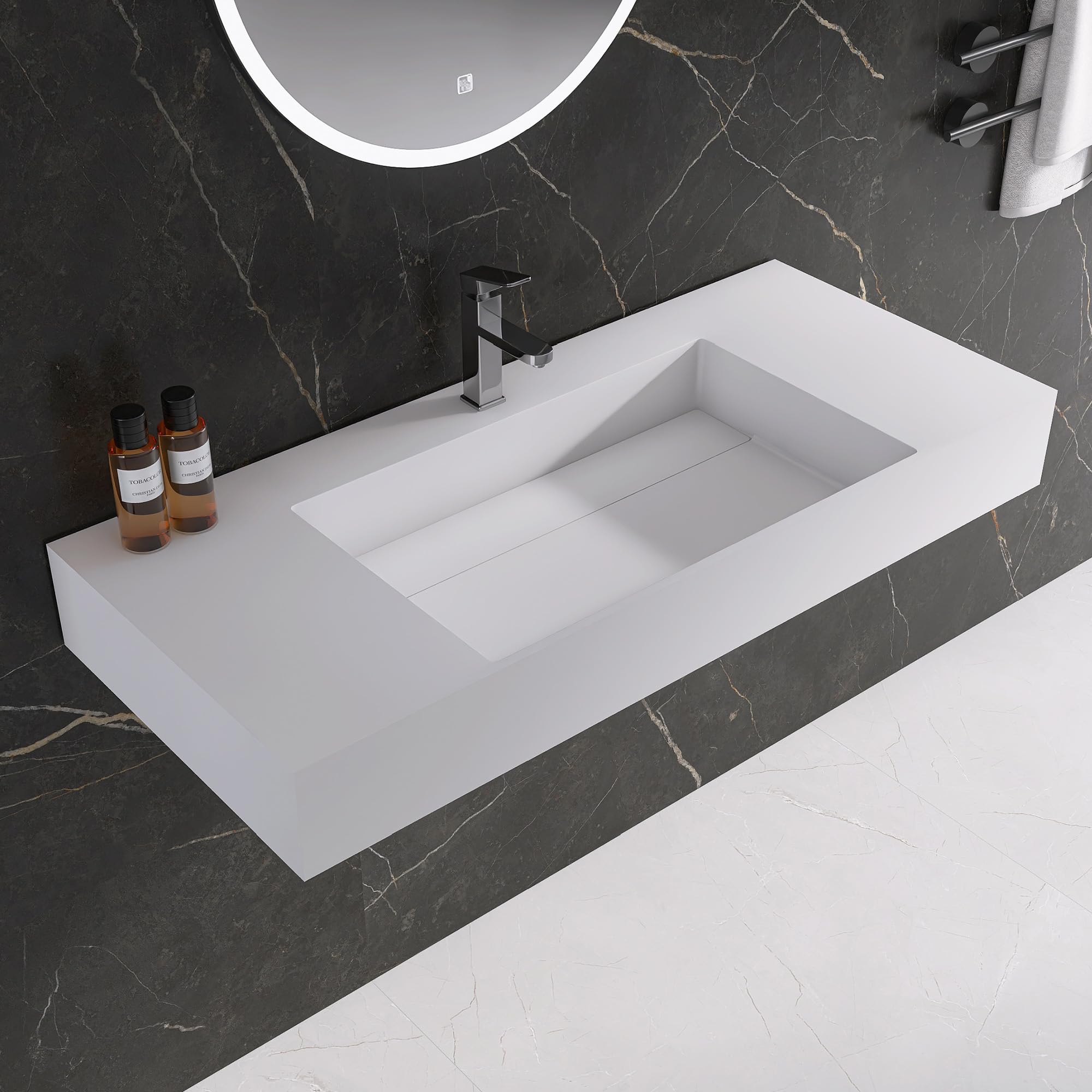 35'' Wall Mount Sink Matte Bathroom Vanity Vessel Sinks Artificial Stone Rectanglee Indoor Outdoors Modern Floating or Countertop Freestanding Wall Hang Sink Bowl (single Holes 35'')
