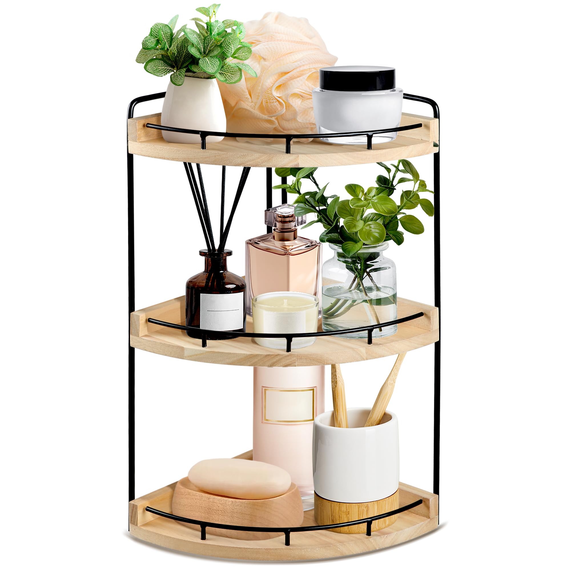 2 Tier Bathroom Counter Organizer, Bathroom Counter Tray and Vanity Organizer, Wood Corner Countertop Tray for Kitchen, Dresser (Rustic Wood)
