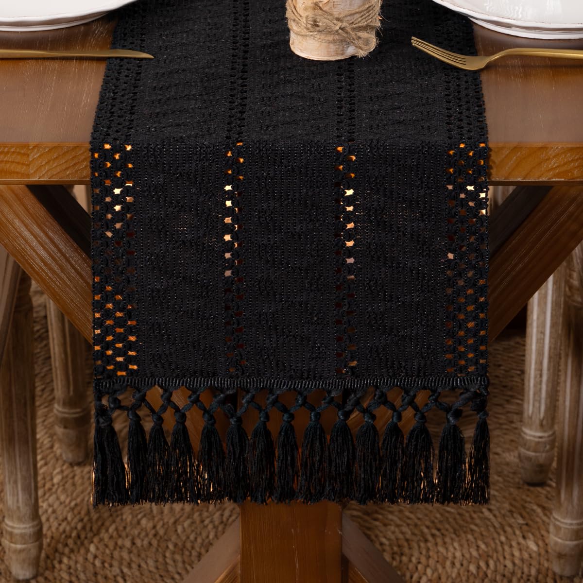 DeZerlor Boho Macrame Table Runner Farmhouse Woven Small Table Runner with Tassels 48 Inches Ivory& Burlap Brown Cotton Linen Kitchen Table Decor for Dining Dresser Home Tea Table Decor