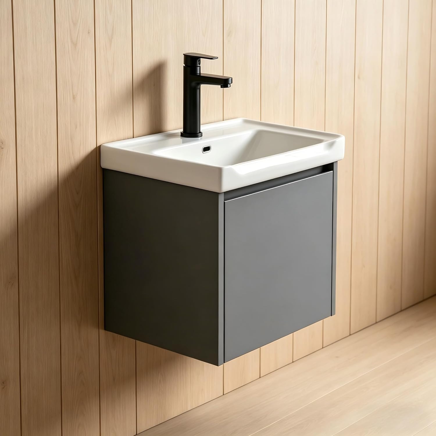 Modern-style 17in wall-mounted bathroom vanity with a ceramic sink and a compact floating vanity cabinet featuring soft-close doors,a storage solution designed specifically for small bathrooms (Gray)