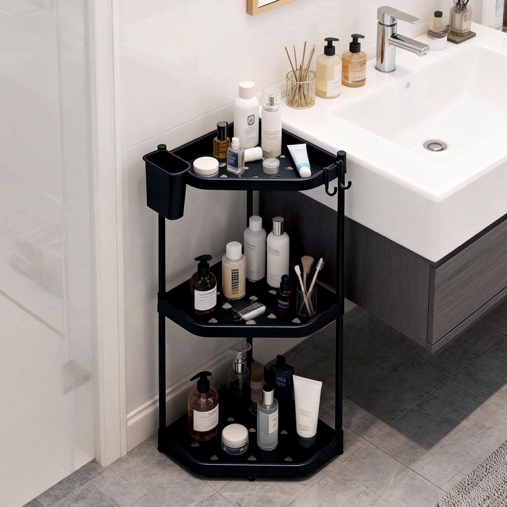 3-Tier Kitchen Counter Organizer & Corner Shelf with Hooks, Storage Box – Bathroom Countertop Shelf, Multi-Space 3-Tier Organizer for Kitchen, Bathroom