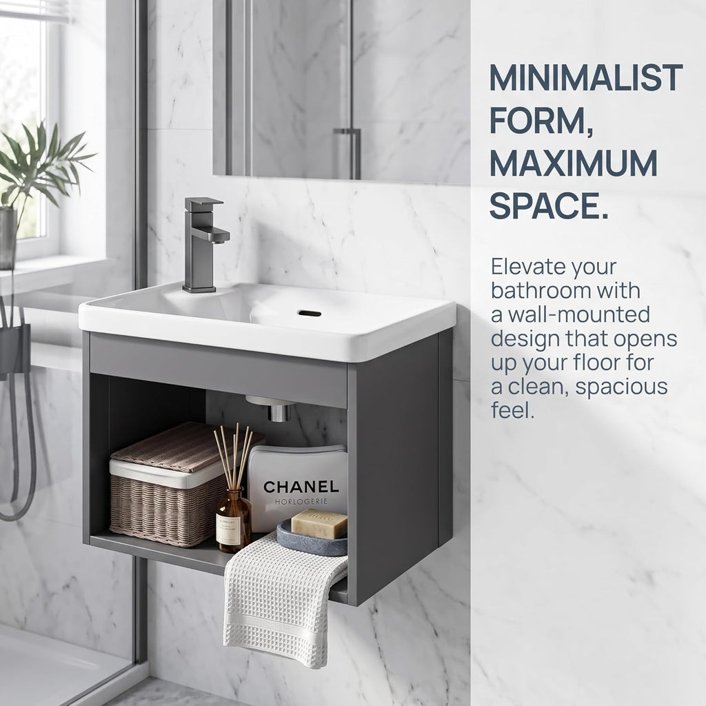 Wall-Mounted Floating Gray 18-inch Open Bathroom Vanity with Ceramic Basin Compact mini Sink Unit
