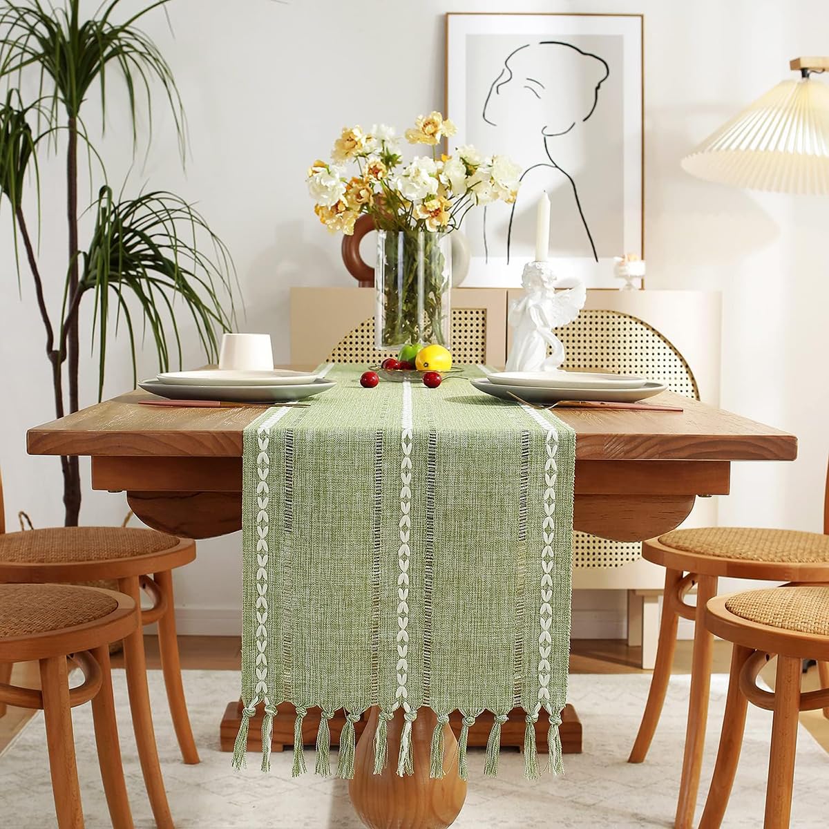 Wracra Rustic Linen Table Runner Farmhouse Style Table Runners 72 inches Long Embroidered Fall Table Runner with Hand-Tassels for Party, Dresser and Dining Room Decorations(Light Coffee, 13"×72")