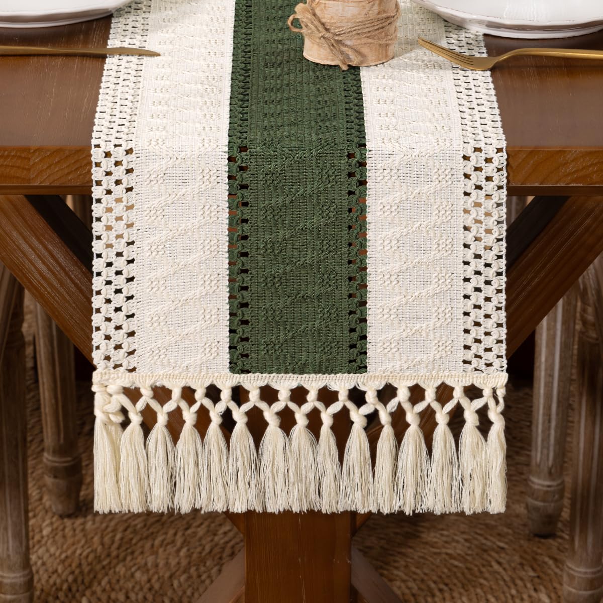 DeZerlor Boho Macrame Table Runner Farmhouse Woven Small Table Runner with Tassels 48 Inches Ivory& Burlap Brown Cotton Linen Kitchen Table Decor for Dining Dresser Home Tea Table Decor