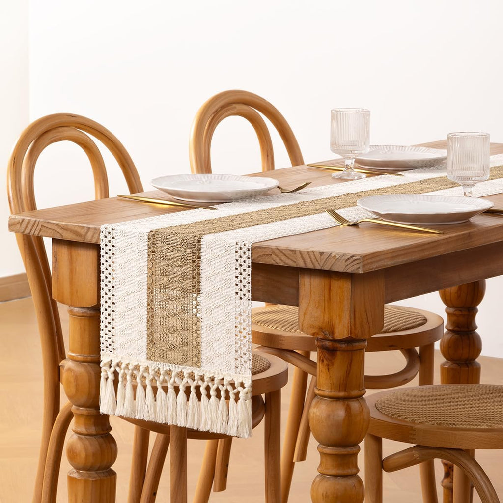 DeZerlor Boho Macrame Table Runner Farmhouse Woven Small Table Runner with Tassels 48 Inches Ivory& Burlap Brown Cotton Linen Kitchen Table Decor for Dining Dresser Home Tea Table Decor