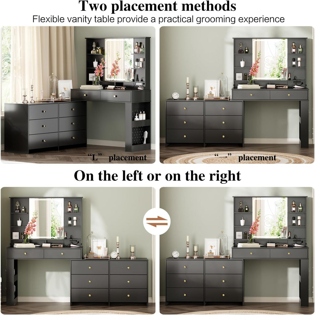 Ieejdn Makeup Vanity Desk with Mirror and Lights, Vanity Desk with 8 Drawers & Storage Shelves, Vanity Table with Power Outlet, 3 Color Modes & Adjustable Brightness Dressing Table, Bedroom,Black
