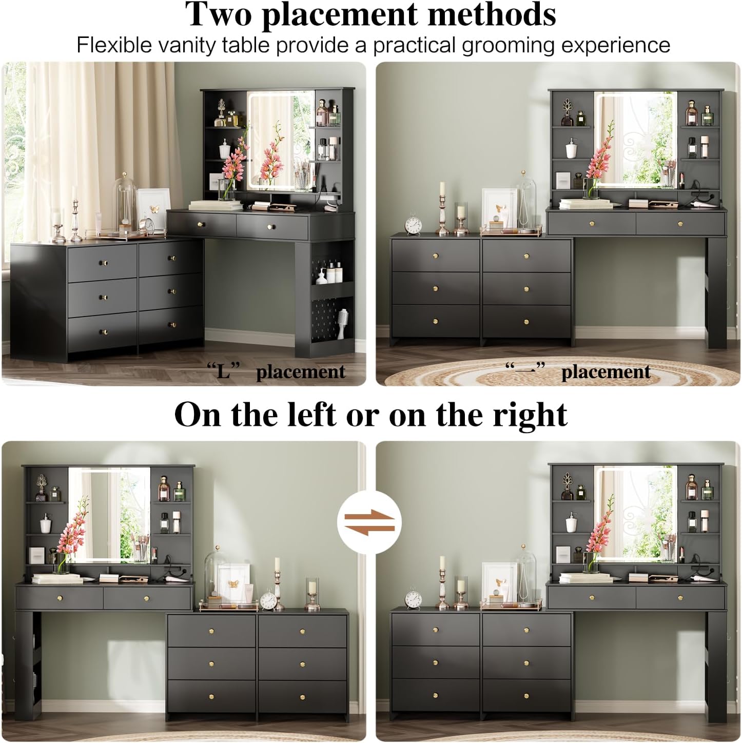 Ieejdn Makeup Vanity Desk with Mirror and Lights, Vanity Desk with 8 Drawers & Storage Shelves, Vanity Table with Power Outlet, 3 Color Modes & Adjustable Brightness Dressing Table, Bedroom,Black