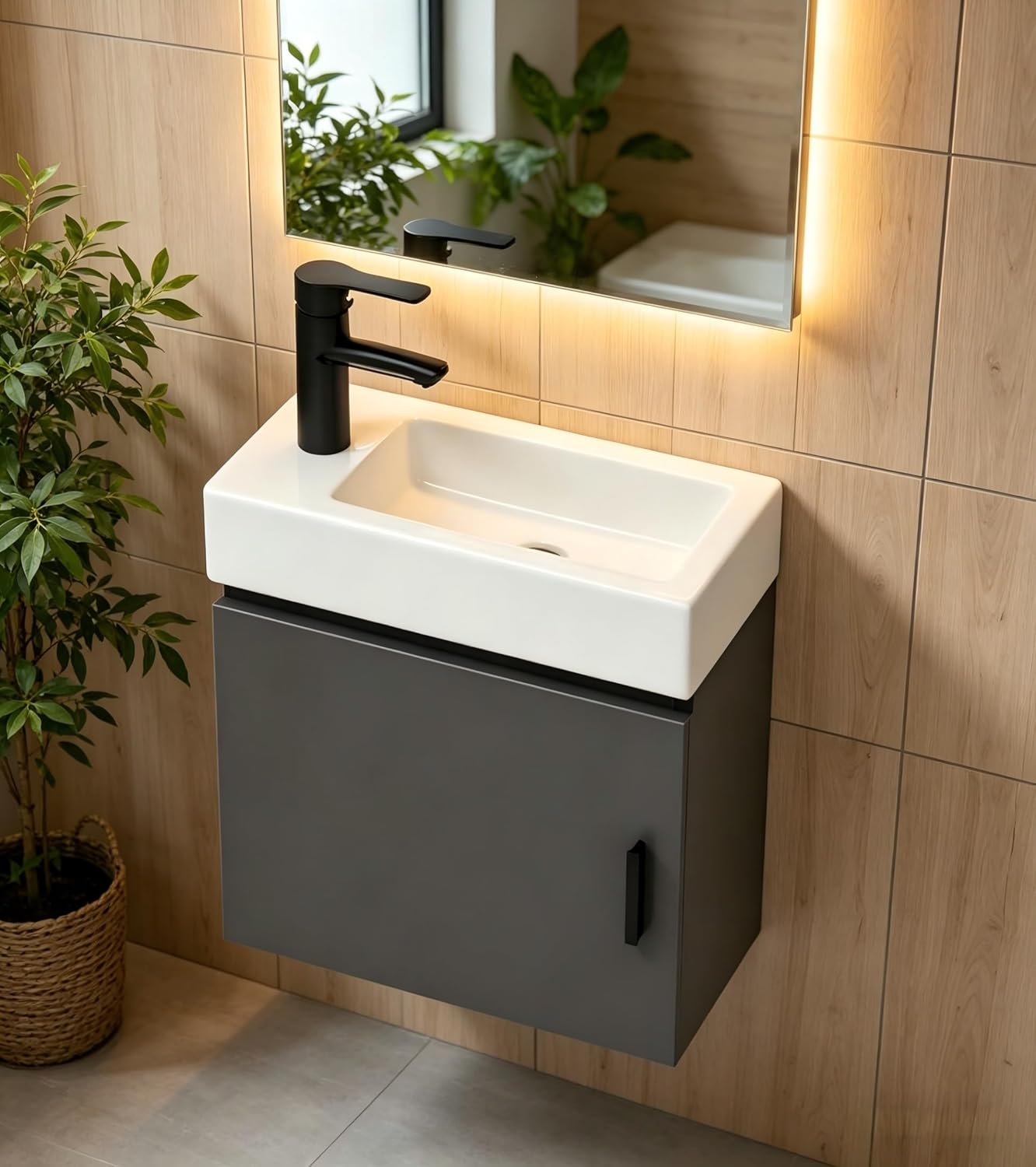 15-inch Solid Wood Wall-Mounted Bathroom Vanity Set with Integrated Ceramic Sink, Solid Wood Wall-Mounted Vanity, Compact Vanity Designed Specifically for Small Bathrooms