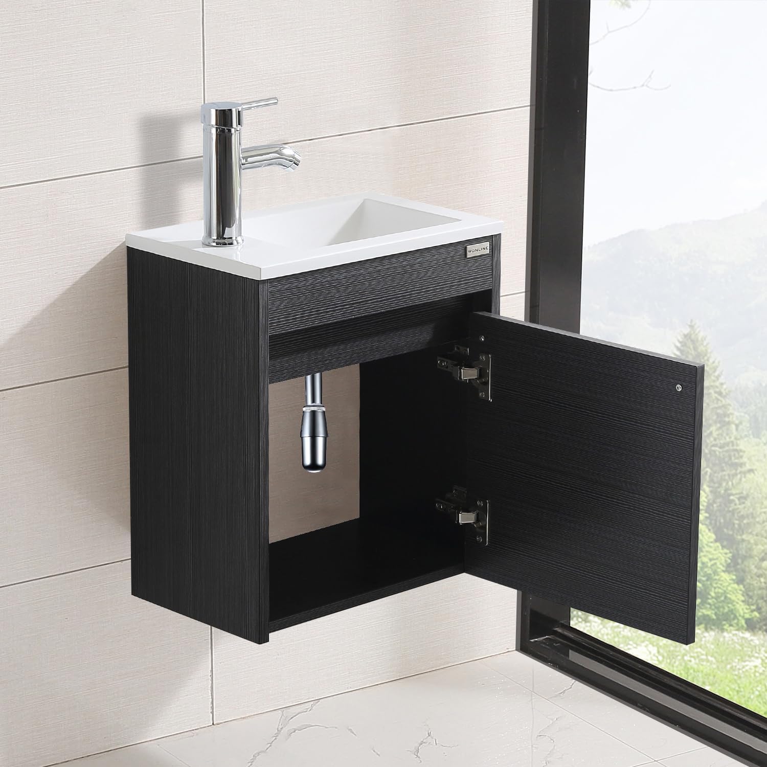 16 Inch Floating Vanity Bathroom Wall Mounted Vanity with Sink Basin & Chrome Faucet Set for Small Spaces (Black)