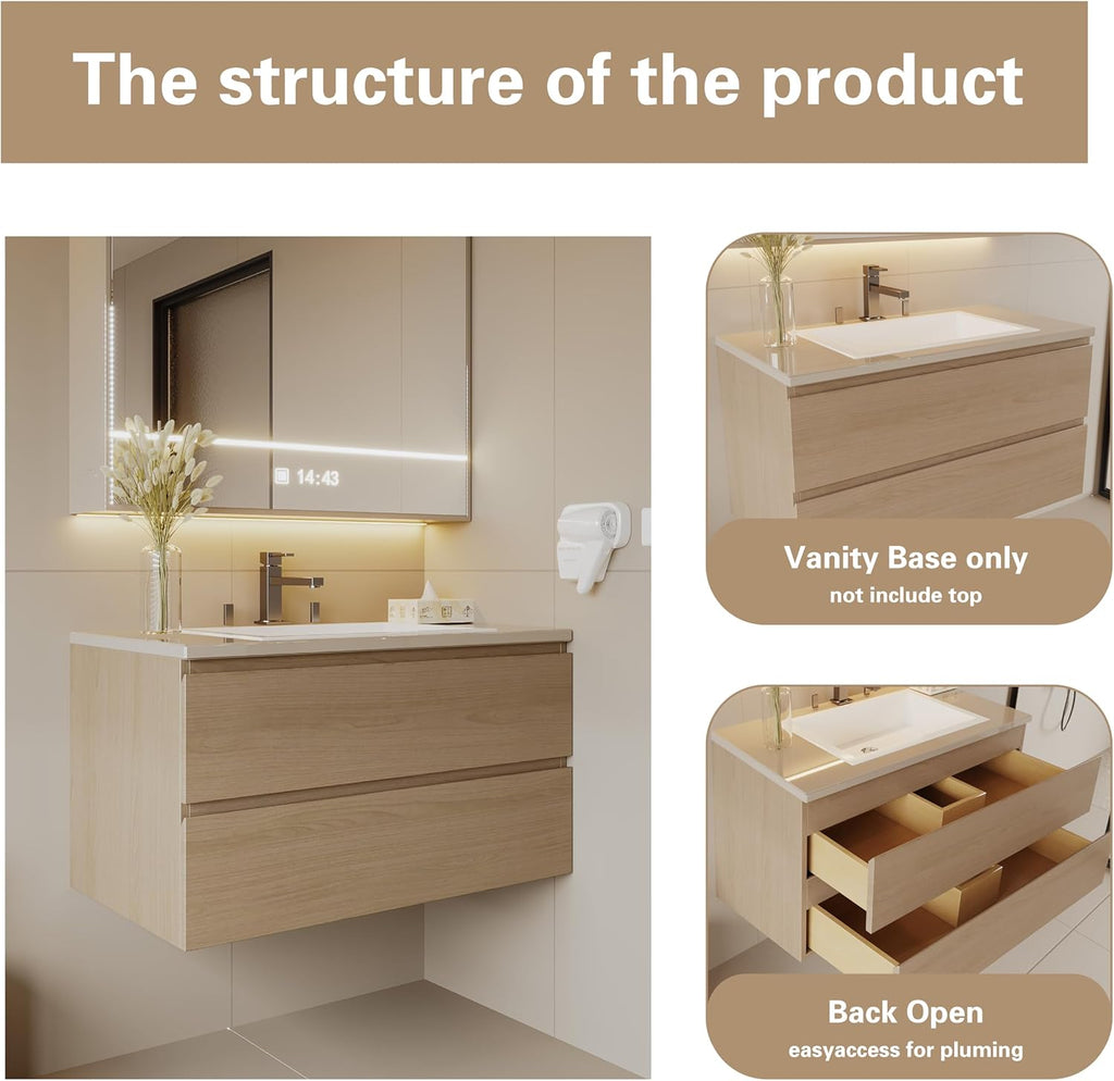 Wall-Mounted Bathroom Vanity 36" – Modern Floating Vanity with Soft-Close Drawers, Plywood Construction, Laminate Finish, Space-Saving Design (Cosmo Sand)