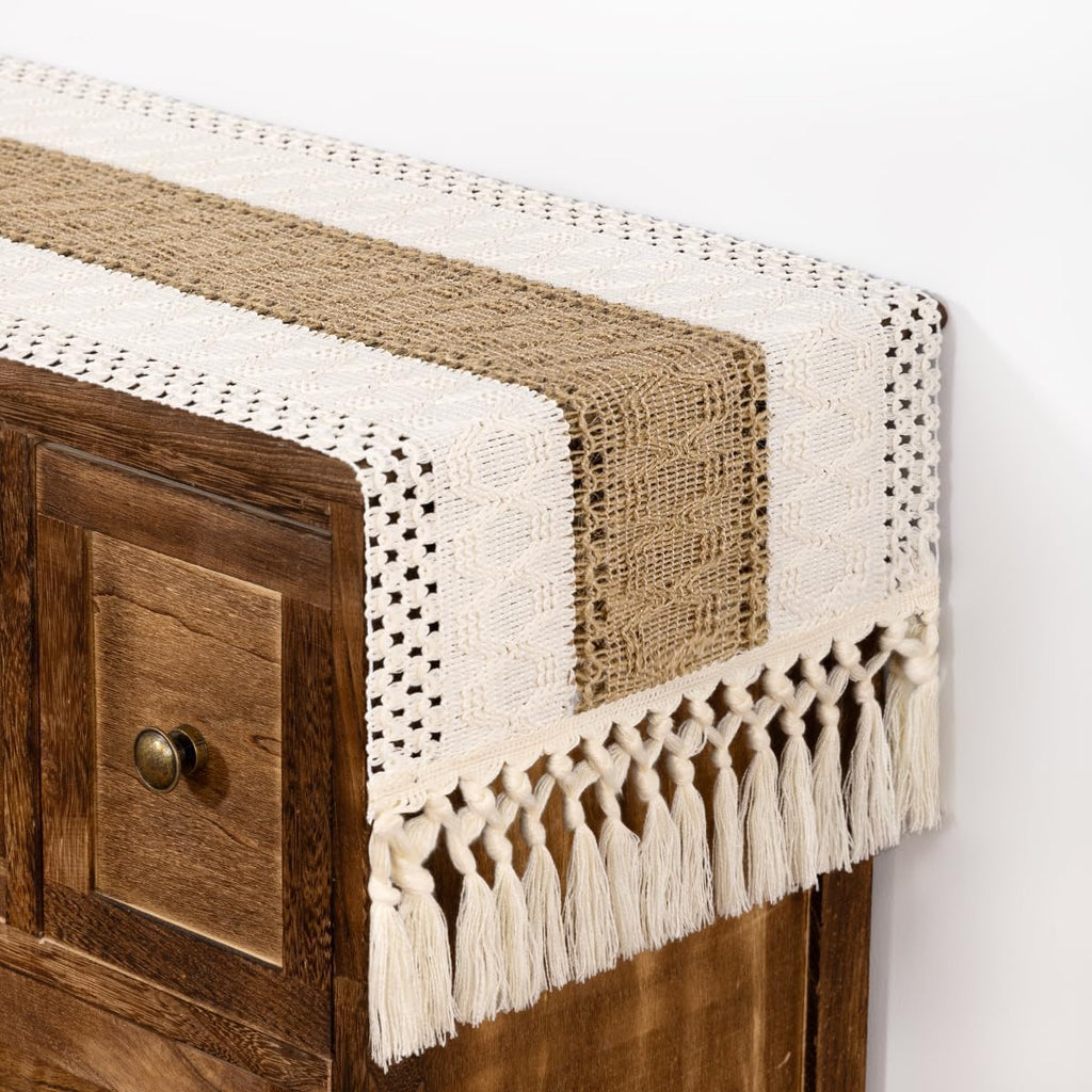 DeZerlor Boho Macrame Table Runner Farmhouse Woven Small Table Runner with Tassels 48 Inches Ivory& Burlap Brown Cotton Linen Kitchen Table Decor for Dining Dresser Home Tea Table Decor
