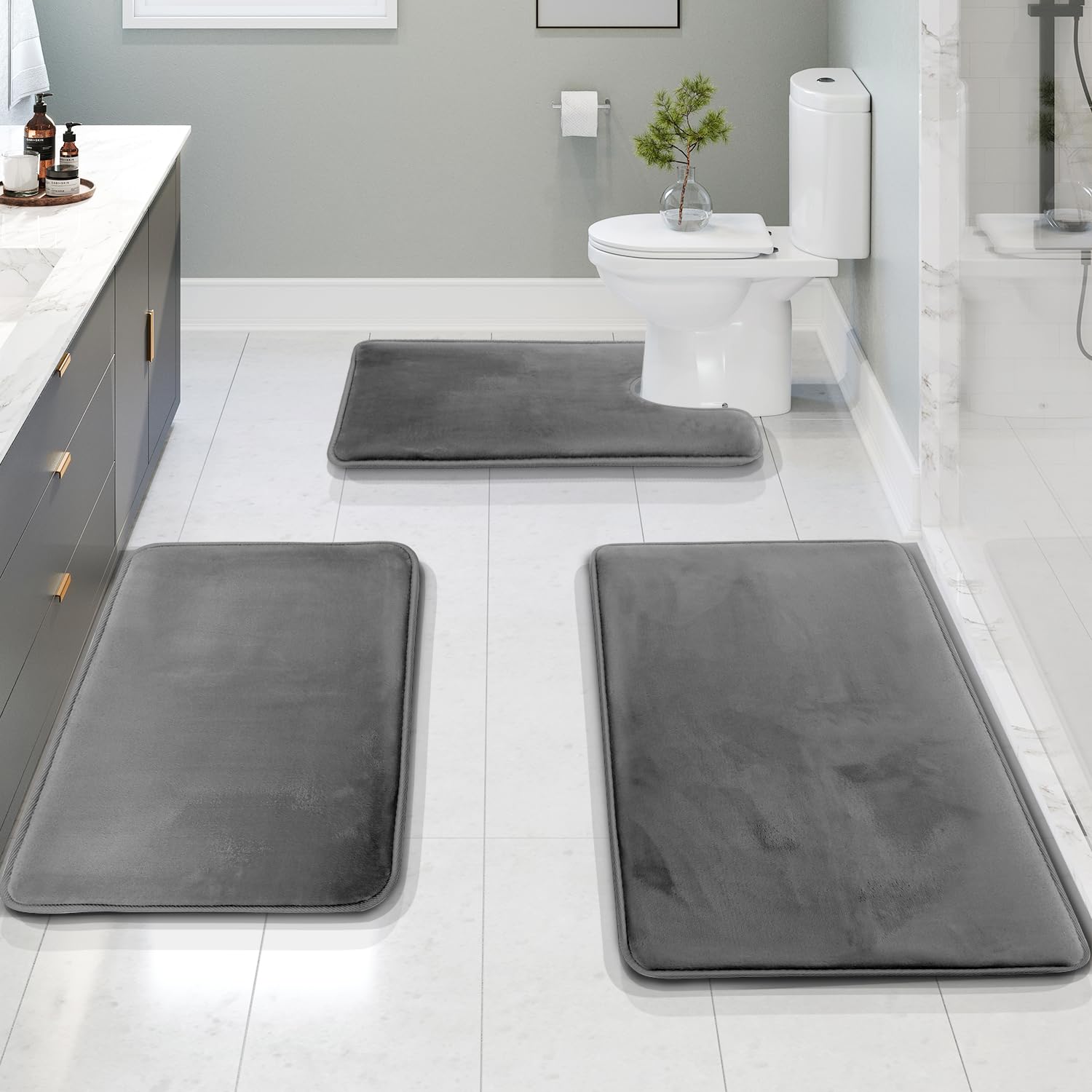 Clara Clark 3 Piece Bathroom Rugs Bath Mat Set, Velvet Memory Foam Bath Mats for Bathroom - Non-Slip, PVC Backing Bath Rugs, Washable - Dries Quickly, Black