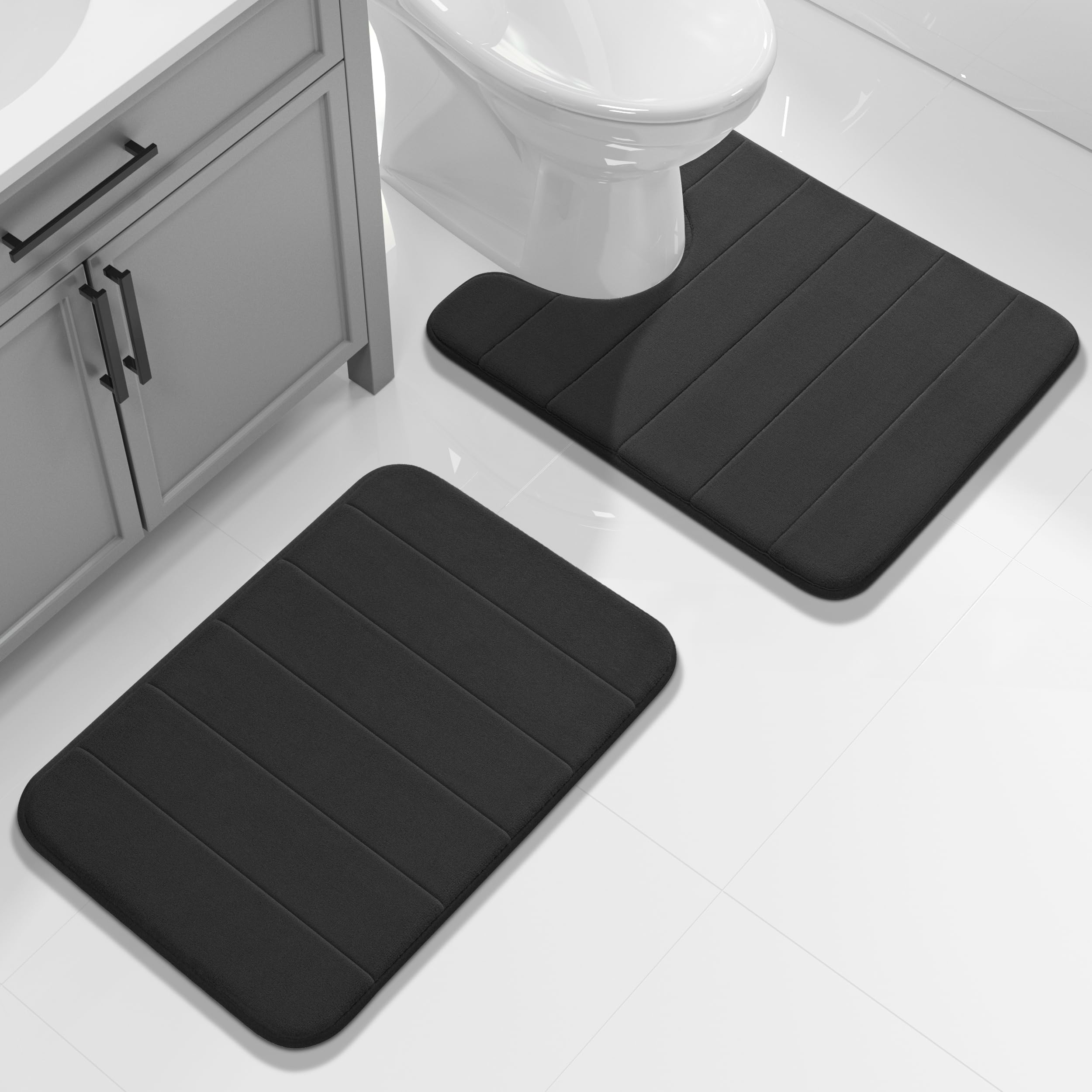 Yimobra U-Shaped Toilet Bath Mat Set 2 Piece - Super Soft Absorbent Quick Dry Memory Foam Bathroom Rugs, Machine Washable Non Slip Floor Carpet for Tub Shower & Single Sink (17x24 & 24x20, Gray)