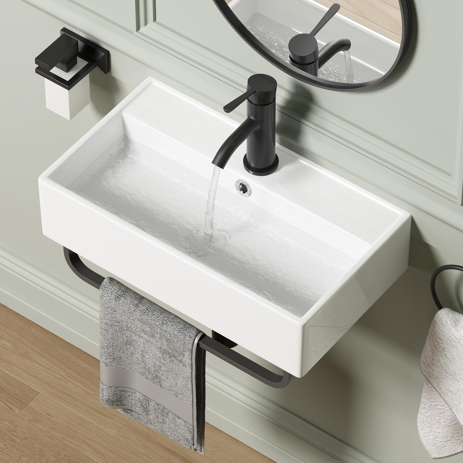 Wall Mounted Bathroom Vessel Sink, QISHKA 15" X 12" Rectangular Floating Ceramic Wash Hand Basin White Wall Hung Vanity Sink for Bathroom and Cloakroom