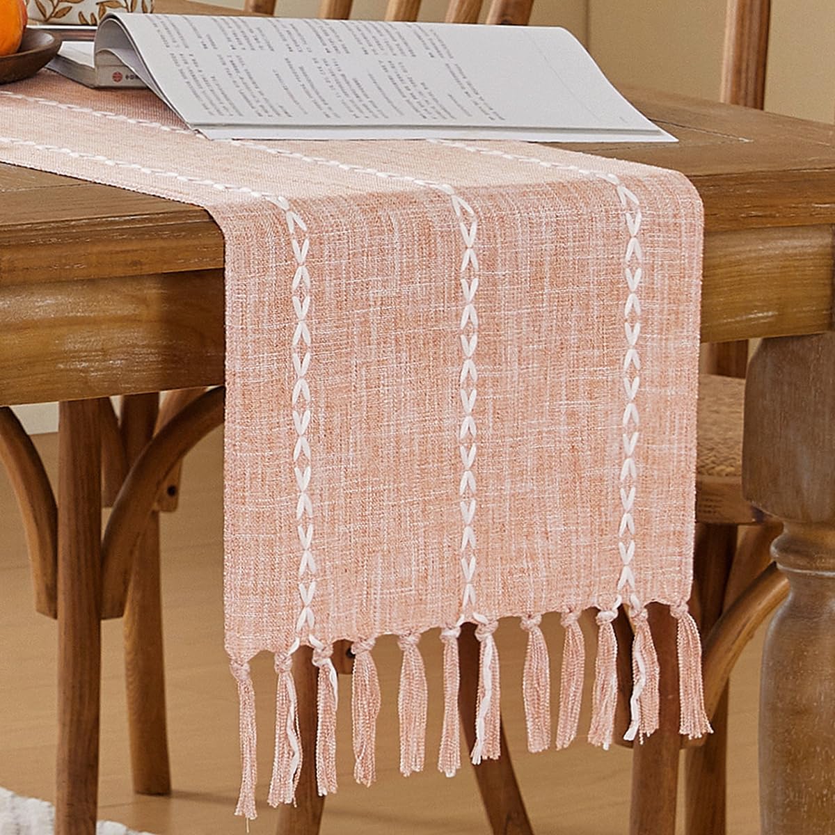 Wracra Rustic Linen Table Runner Farmhouse Style Table Runners 72 inches Long Embroidered Fall Table Runner with Hand-Tassels for Party, Dresser and Dining Room Decorations(Light Coffee, 13"×72")