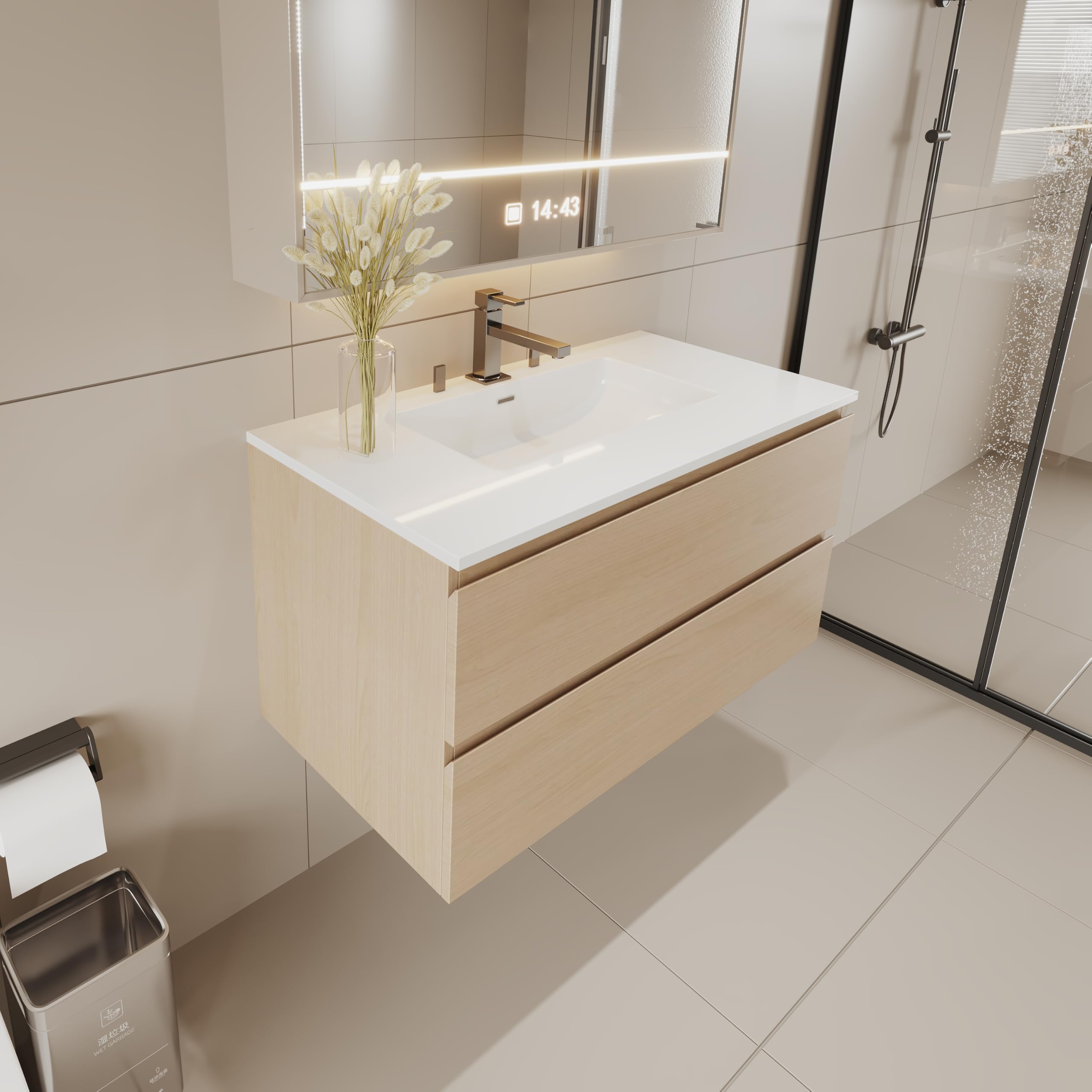 Wall-Mounted Bathroom Vanity 24" – Modern Floating Vanity with Soft-Close Drawers, Plywood Construction, Laminate Finish, Space-Saving Design (Cosmo Sand)