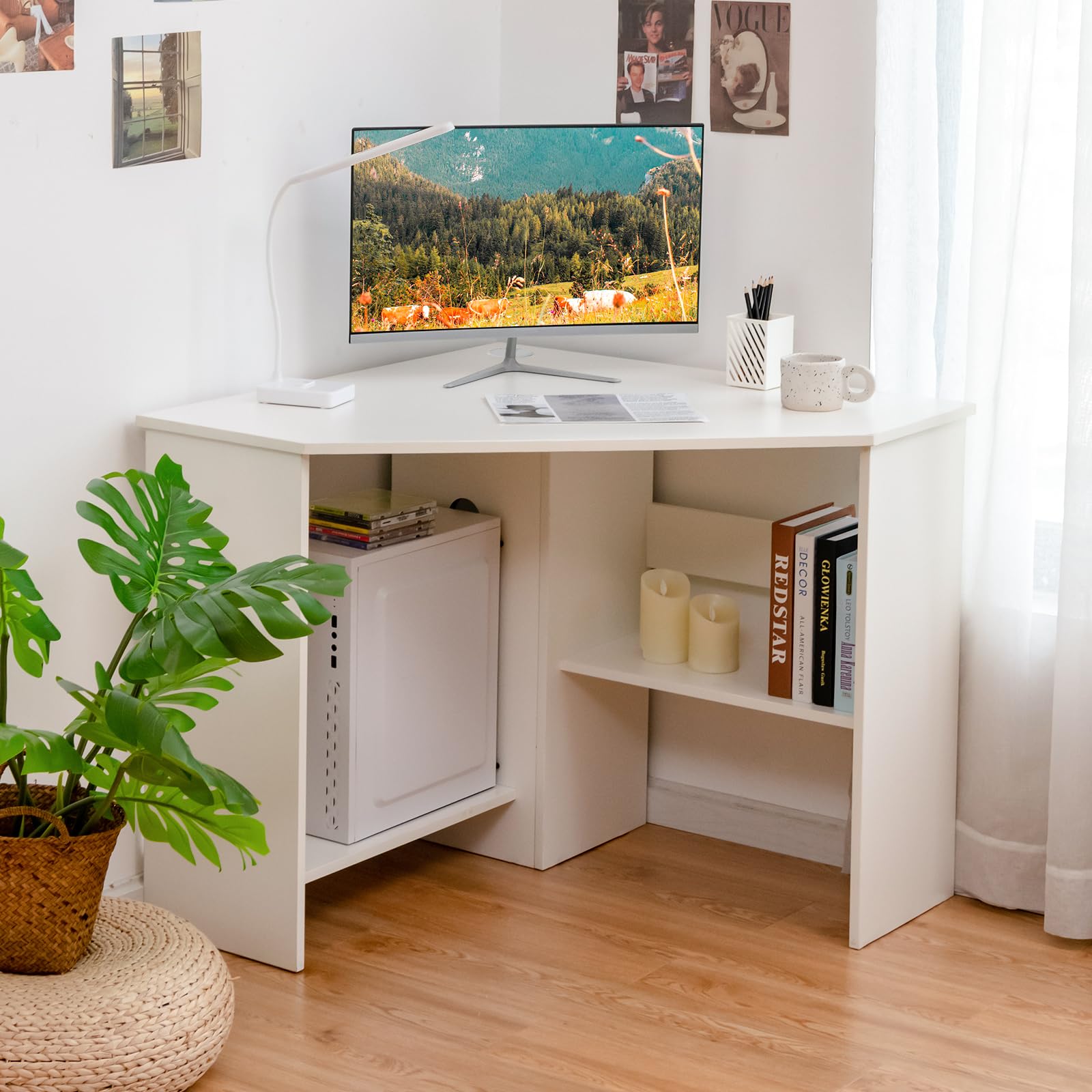Tangkula Corner Desk, 90 Degrees Triangle Computer Desk for Small Space, Bedroom Corner Makeup Vanity Desk with Storage Shelves & CPU Stand