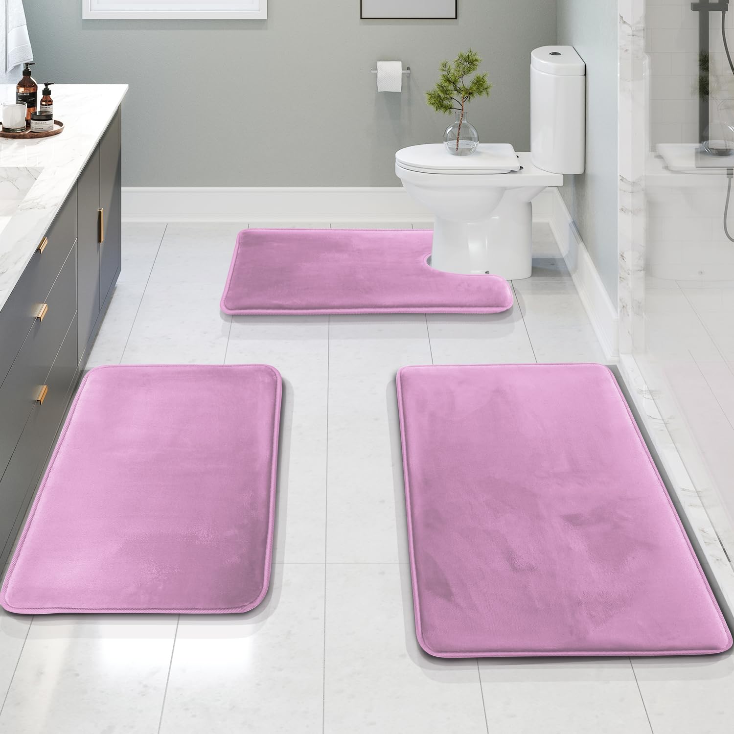 Clara Clark 3 Piece Bathroom Rugs Bath Mat Set, Velvet Memory Foam Bath Mats for Bathroom - Non-Slip, PVC Backing Bath Rugs, Washable - Dries Quickly, Black