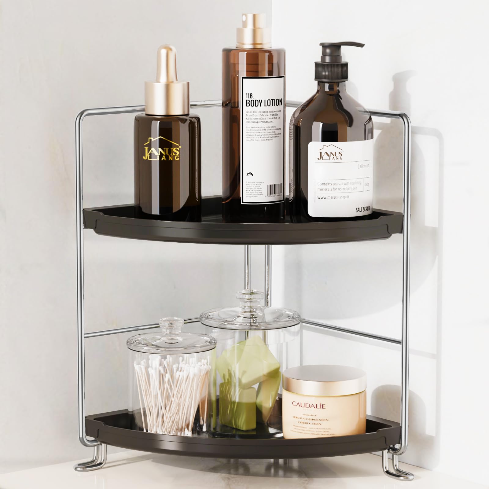 2-Tier Bathroom Organizer Countertop Corner - Makeup Organizer Cosmetic Perfume Holder Bedroom Storage Shelf or Kitchen Spice Rack (Chrome + Black)