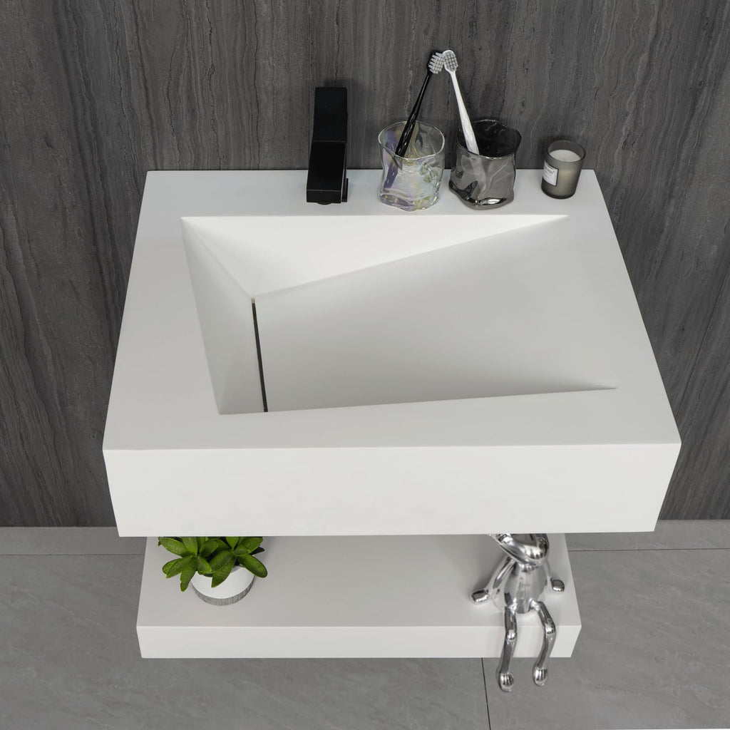32"x19" Wall Mount Bathroom Vanity with Sink Stone Resin Floating Vanity Sink Rectangular Vessel Sinks for Bathroom White Trough Art Basin with Shelf Layer