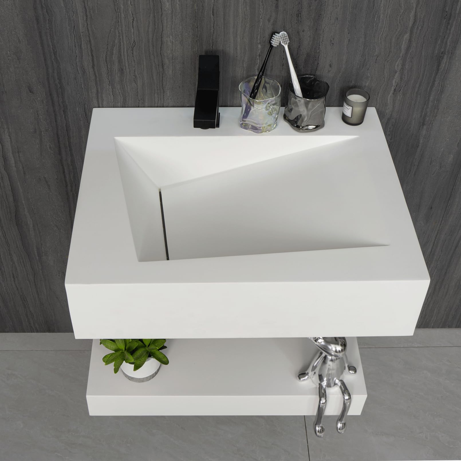 32"x19" Wall Mount Bathroom Vanity with Sink Stone Resin Floating Vanity Sink Rectangular Vessel Sinks for Bathroom White Trough Art Basin with Shelf Layer