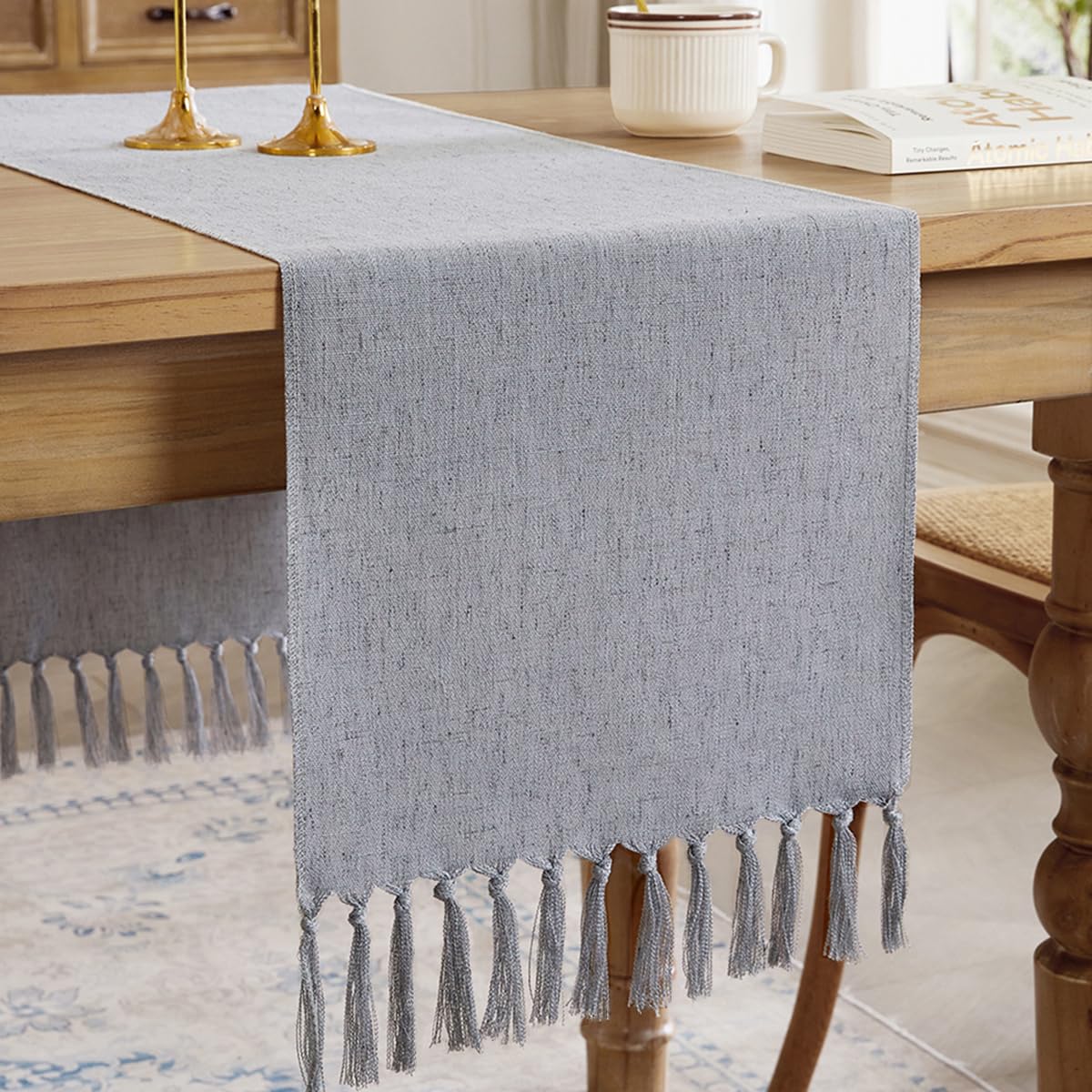 Linen Style Rustic Table Runner, Farmhouse Cotton Linen Table Runner, Boho Table Runners 72 Inches Long with Hand Tassels for Home Tabletop Decor and Everyday Use - Off White, 72 Inch