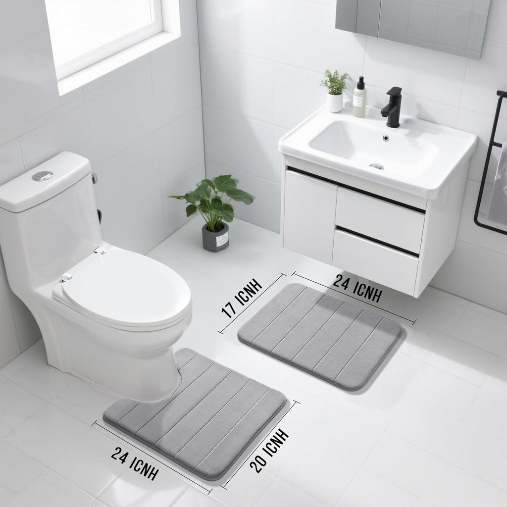 Yimobra U-Shaped Toilet Bath Mat Set 2 Piece - Super Soft Absorbent Quick Dry Memory Foam Bathroom Rugs, Machine Washable Non Slip Floor Carpet for Tub Shower & Single Sink (17x24 & 24x20, Gray)