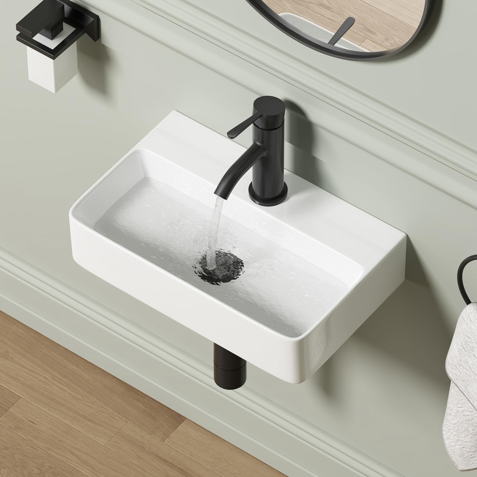 Wall Mounted Bathroom Vessel Sink, QISHKA 15" X 12" Rectangular Floating Ceramic Wash Hand Basin White Wall Hung Vanity Sink for Bathroom and Cloakroom