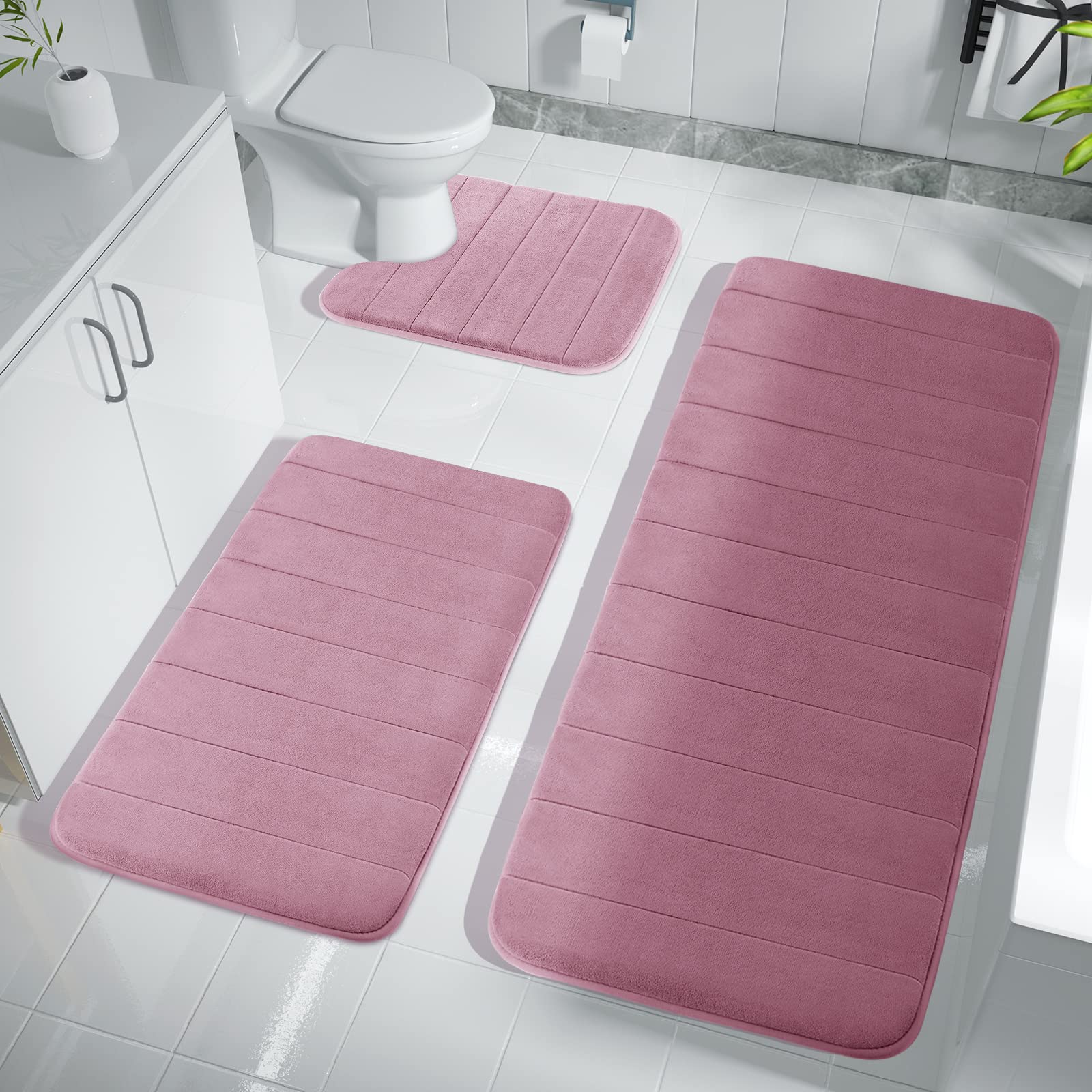 Yimobra Memory Foam Bath Mat Set 3 Pieces- Super Soft Absorbent Quick Dry Bathroom Rug Sets, Machine Washable Non Slip Floor Carpet for Tub Shower, Vanity & Toilet Base, Gray