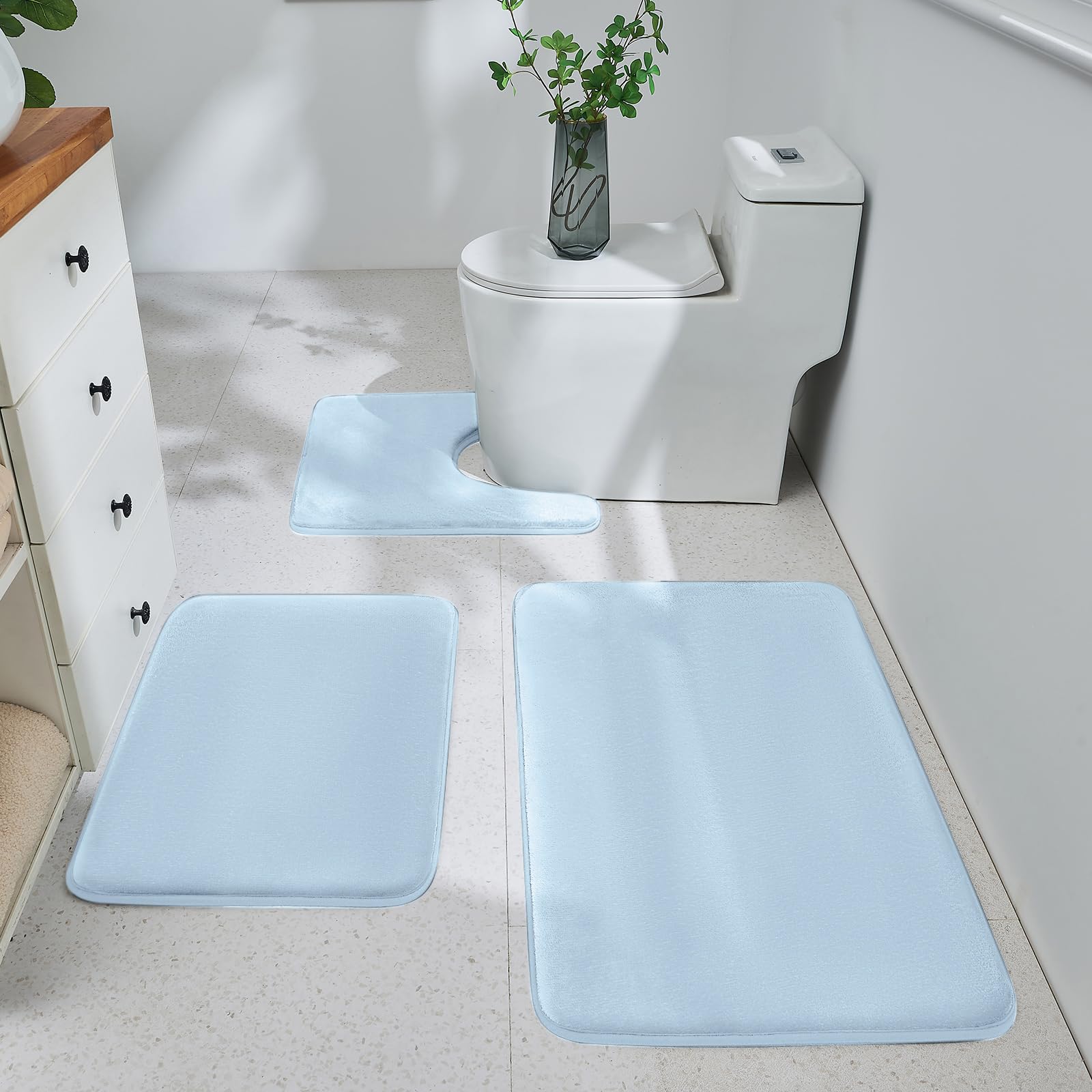 HUXMEYSON Bathroom Rugs Sets 3 Piece, Ultra Soft Velvet Memory Foam Bath Rugs, Non-Slip & PVC Backing Bathroom Mat Set, Washable Quick Dry Bath Rug - Grey