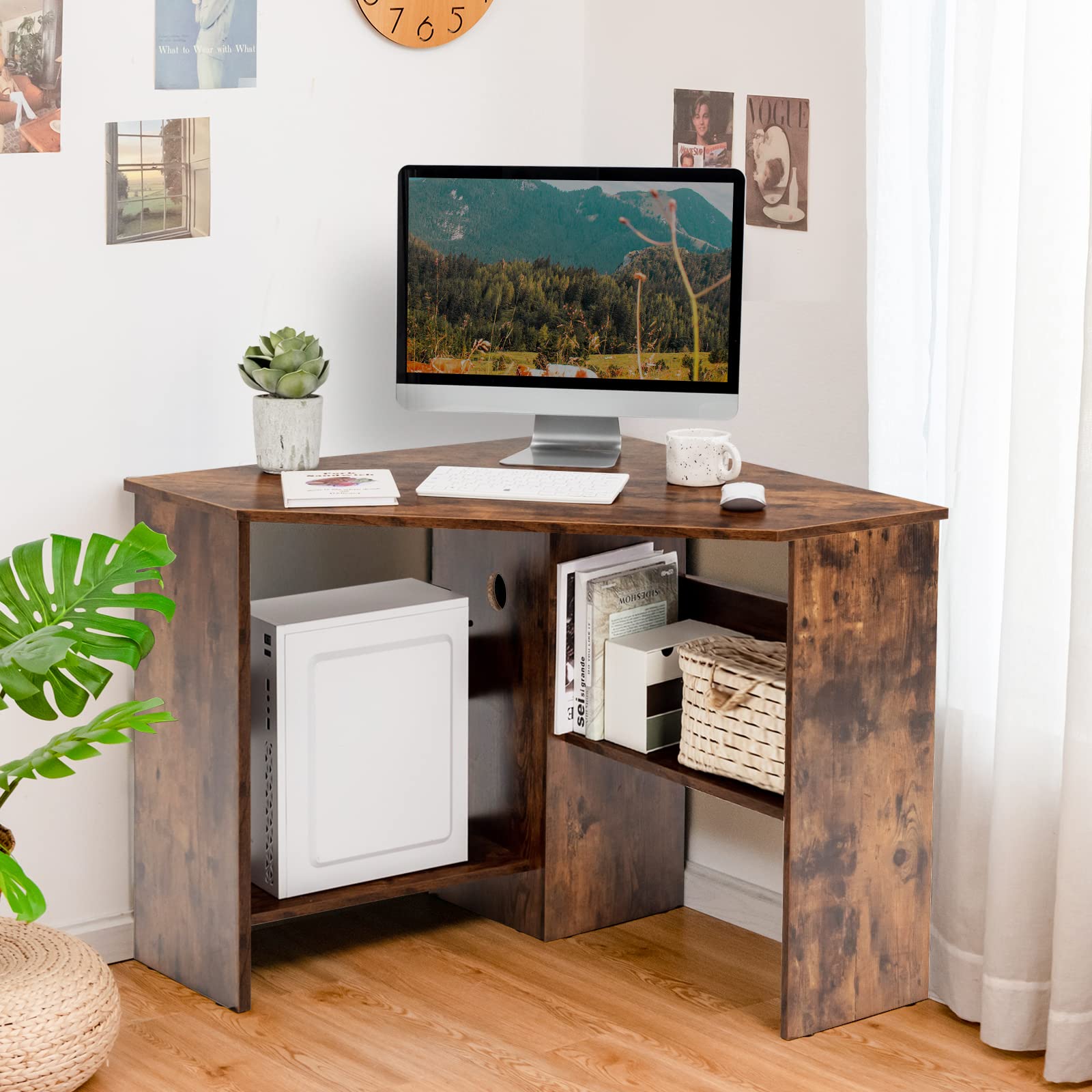 Tangkula Corner Desk, 90 Degrees Triangle Computer Desk for Small Space, Bedroom Corner Makeup Vanity Desk with Storage Shelves & CPU Stand