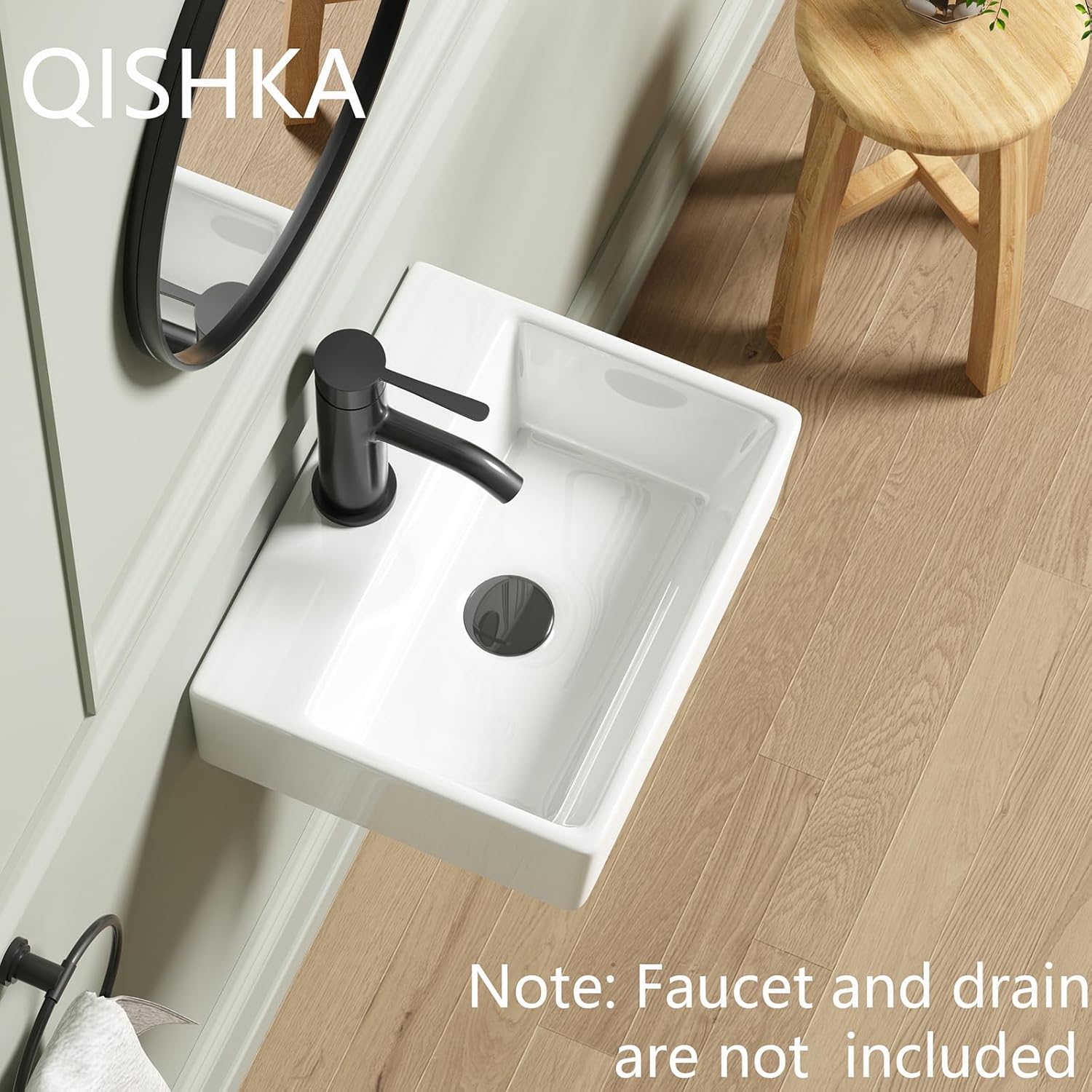 Wall Mounted Bathroom Vessel Sink, QISHKA 15" X 12" Rectangular Floating Ceramic Wash Hand Basin White Wall Hung Vanity Sink for Bathroom and Cloakroom