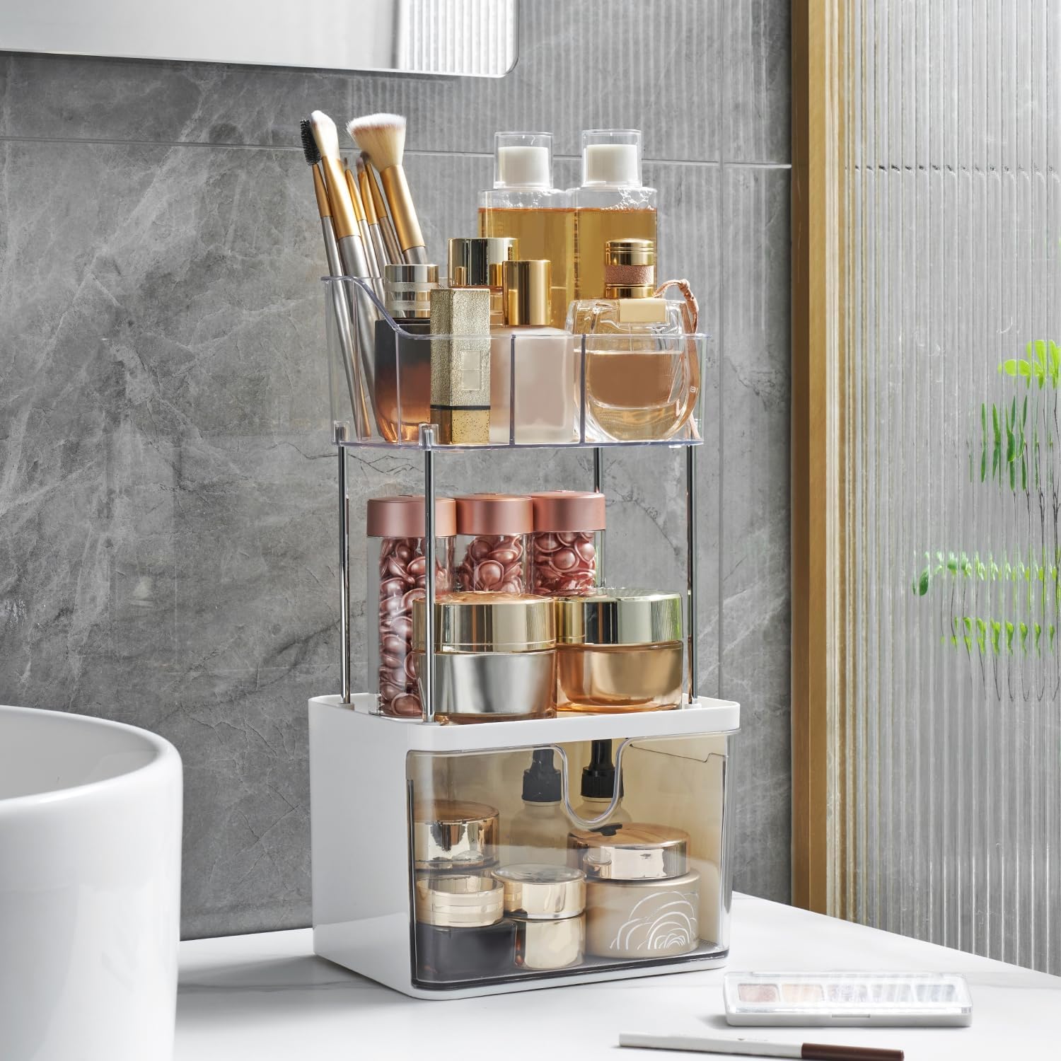 FORUP Makeup Organizer for Vanity, 2-Tier 1-Drawer Bathroom Counter Organizer, Multi-Purpose Vanity Organizer, Skincare Perfume Organizers, Cosmetic Dresser Organizer for Vanity Countertop, Clear