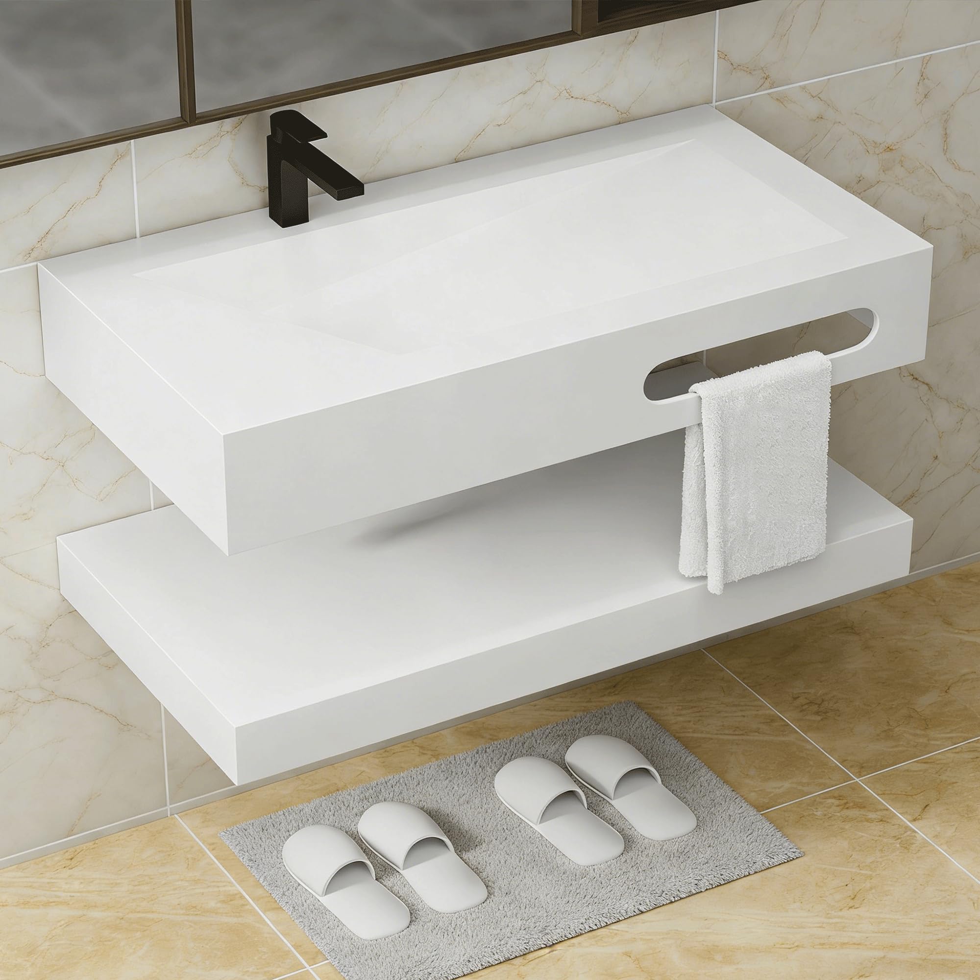 32"x19" Wall Mount Bathroom Vanity with Sink Stone Resin Floating Vanity Sink Rectangular Vessel Sinks for Bathroom White Trough Art Basin with Shelf Layer