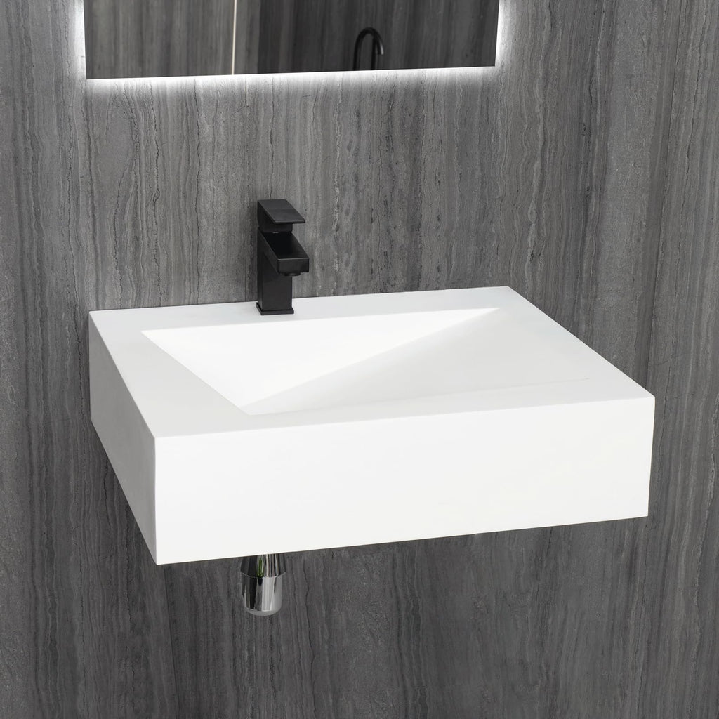 36"x19" Wall Mounted Bathroom Vanity with Sink Stone Resin Floating Vanity Basin Modern Rectangular Vessel White Trough
