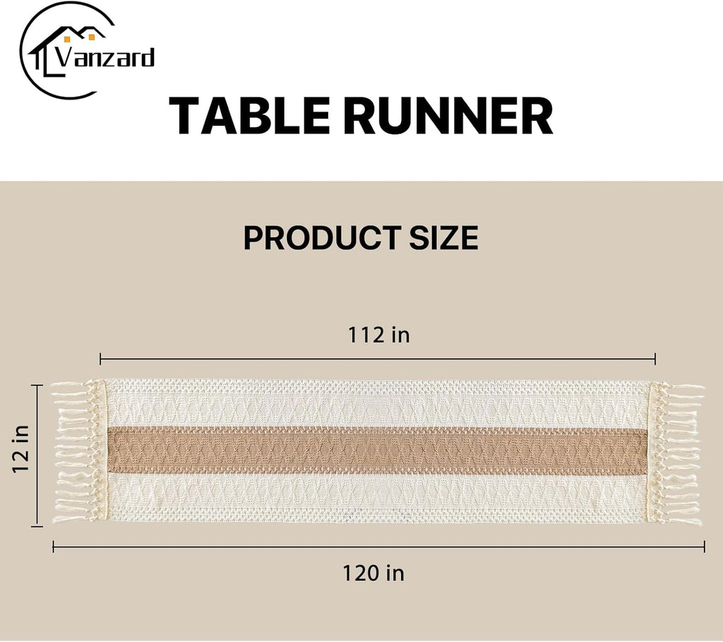 Boho Table Runner for Home Decor with Tassels 120 Inches Long Farmhouse Rustic Cream & Brown Table Runner Macrame Burlap Table Decoration for Living Room Bridal Shower(12x120 in, Fringe Included)