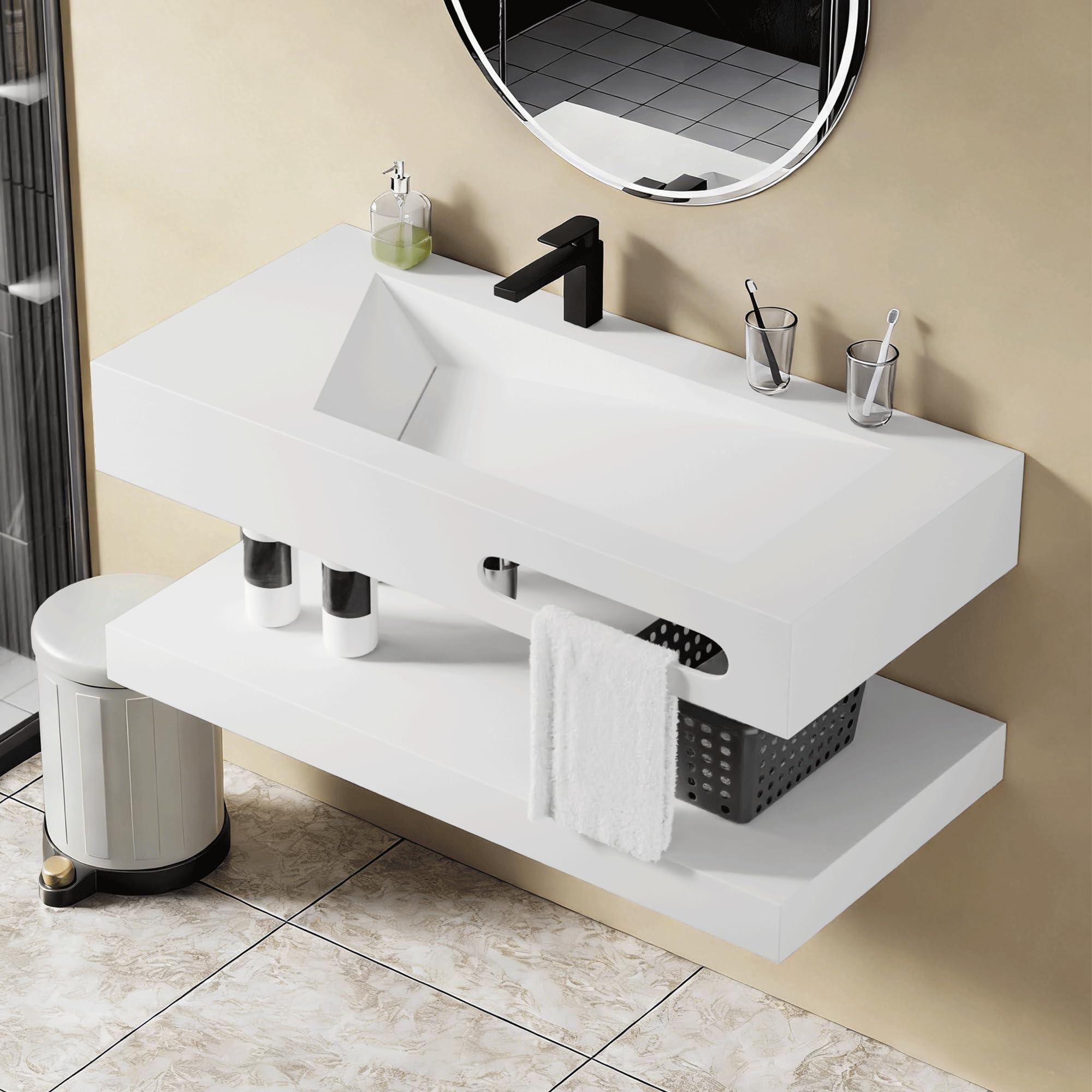 32"x19" Wall Mount Bathroom Vanity with Sink Stone Resin Floating Vanity Sink Rectangular Vessel Sinks for Bathroom White Trough Art Basin with Shelf Layer