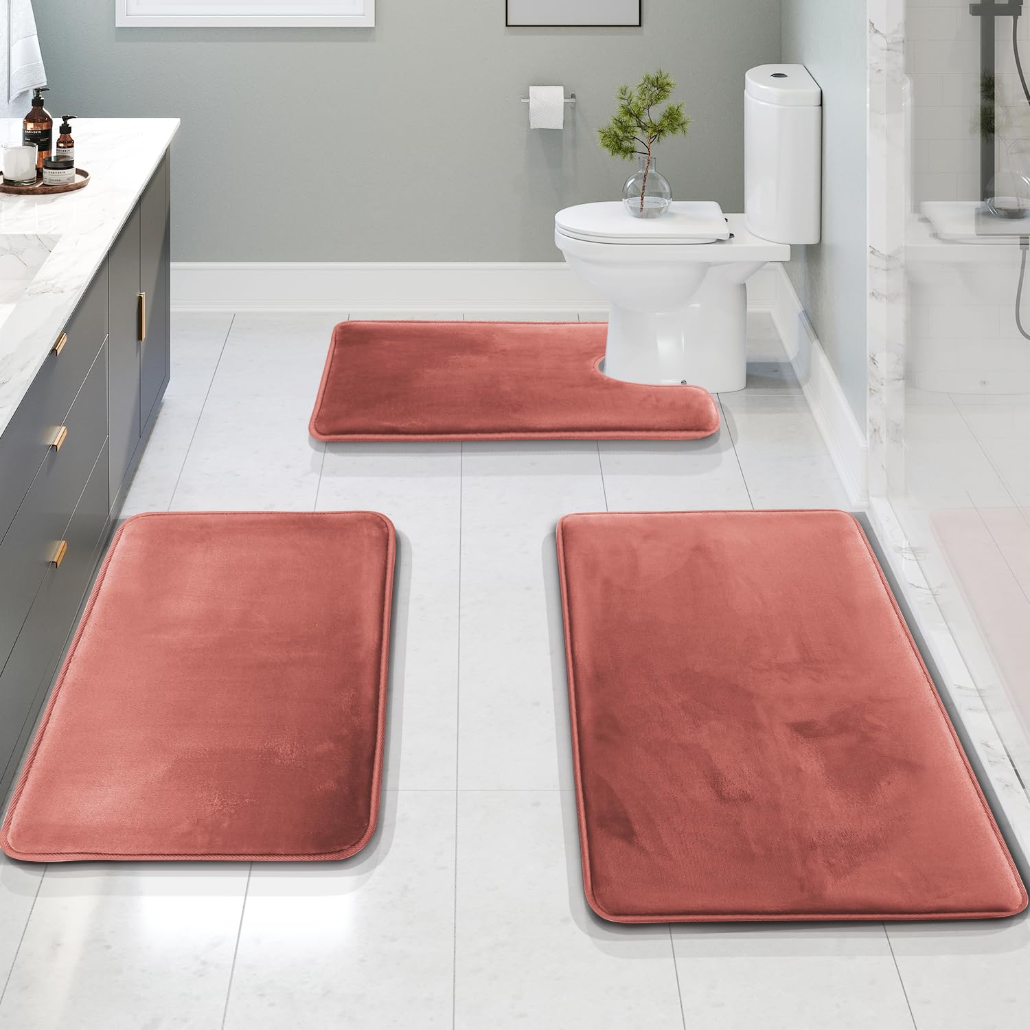 Clara Clark 3 Piece Bathroom Rugs Bath Mat Set, Velvet Memory Foam Bath Mats for Bathroom - Non-Slip, PVC Backing Bath Rugs, Washable - Dries Quickly, Black