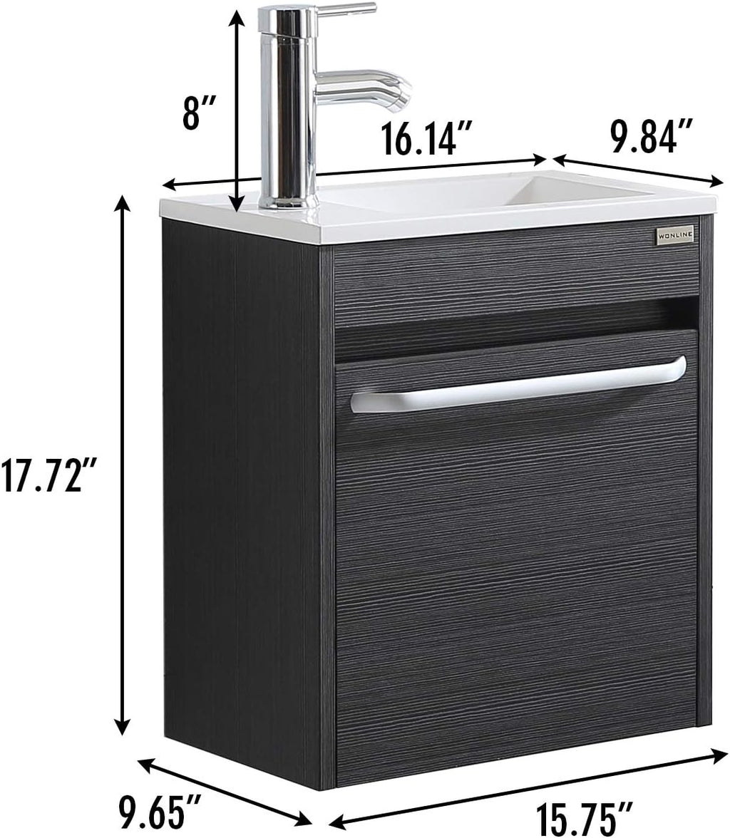 16 Inch Floating Vanity Bathroom Wall Mounted Vanity with Sink Basin & Chrome Faucet Set for Small Spaces (Black)