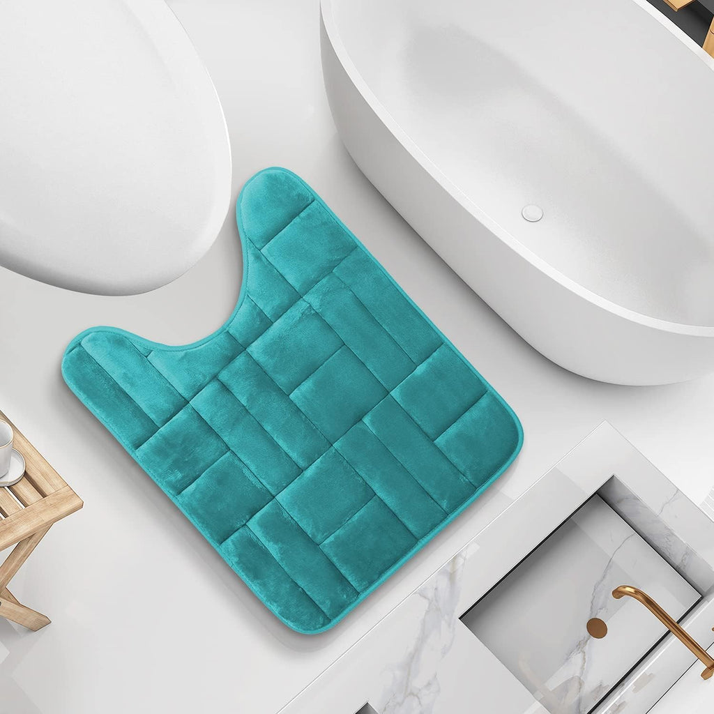 Clara Clark Contour Bath Mat, Non-Slip Velvet Memory Foam Bathroom Rug, Machine Wash, Dries Quickly, Soft and Plush Toilet U-Shaped Bath Rug, 20 x 24 Inch, Tiled Design - Teal