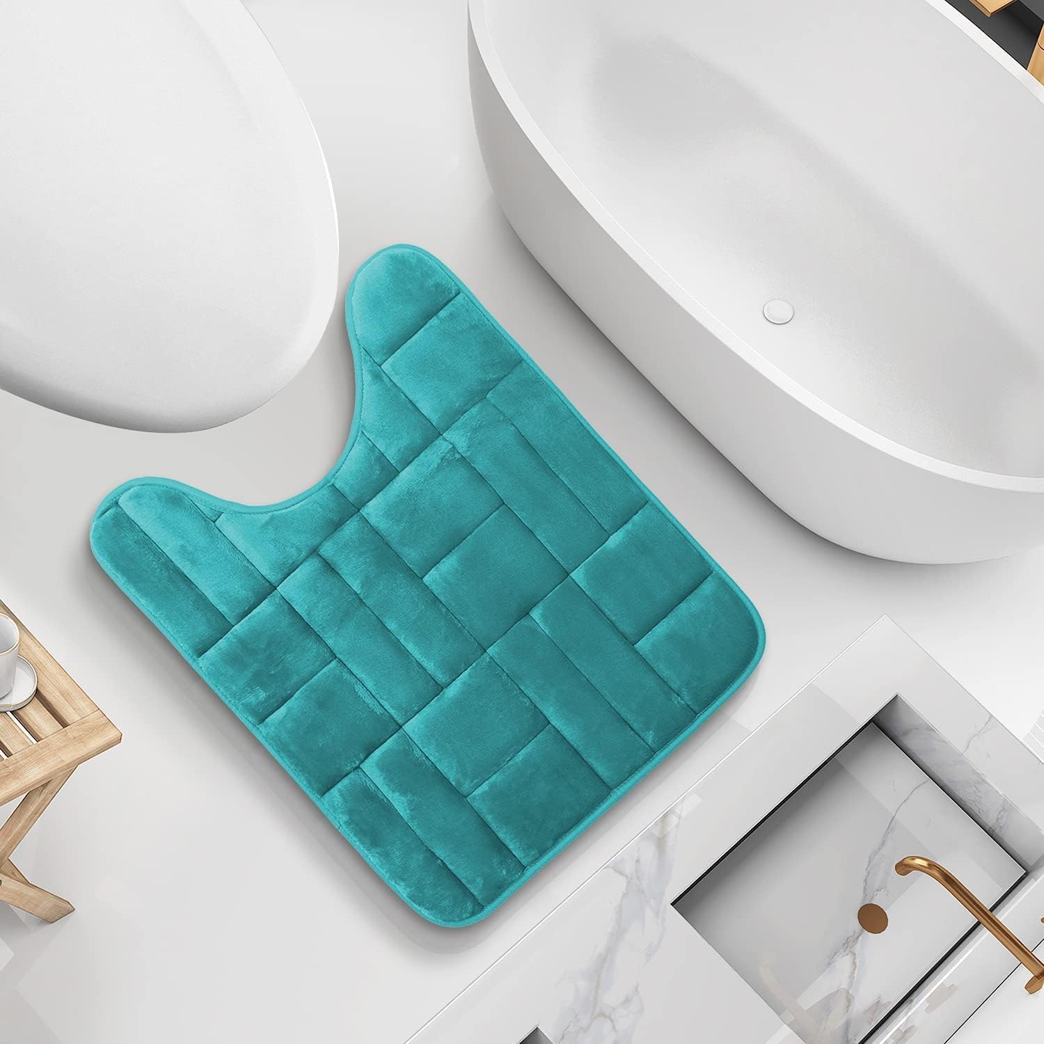 Clara Clark Contour Bath Mat, Non-Slip Velvet Memory Foam Bathroom Rug, Machine Wash, Dries Quickly, Soft and Plush Toilet U-Shaped Bath Rug, 20 x 24 Inch, Tiled Design - Teal