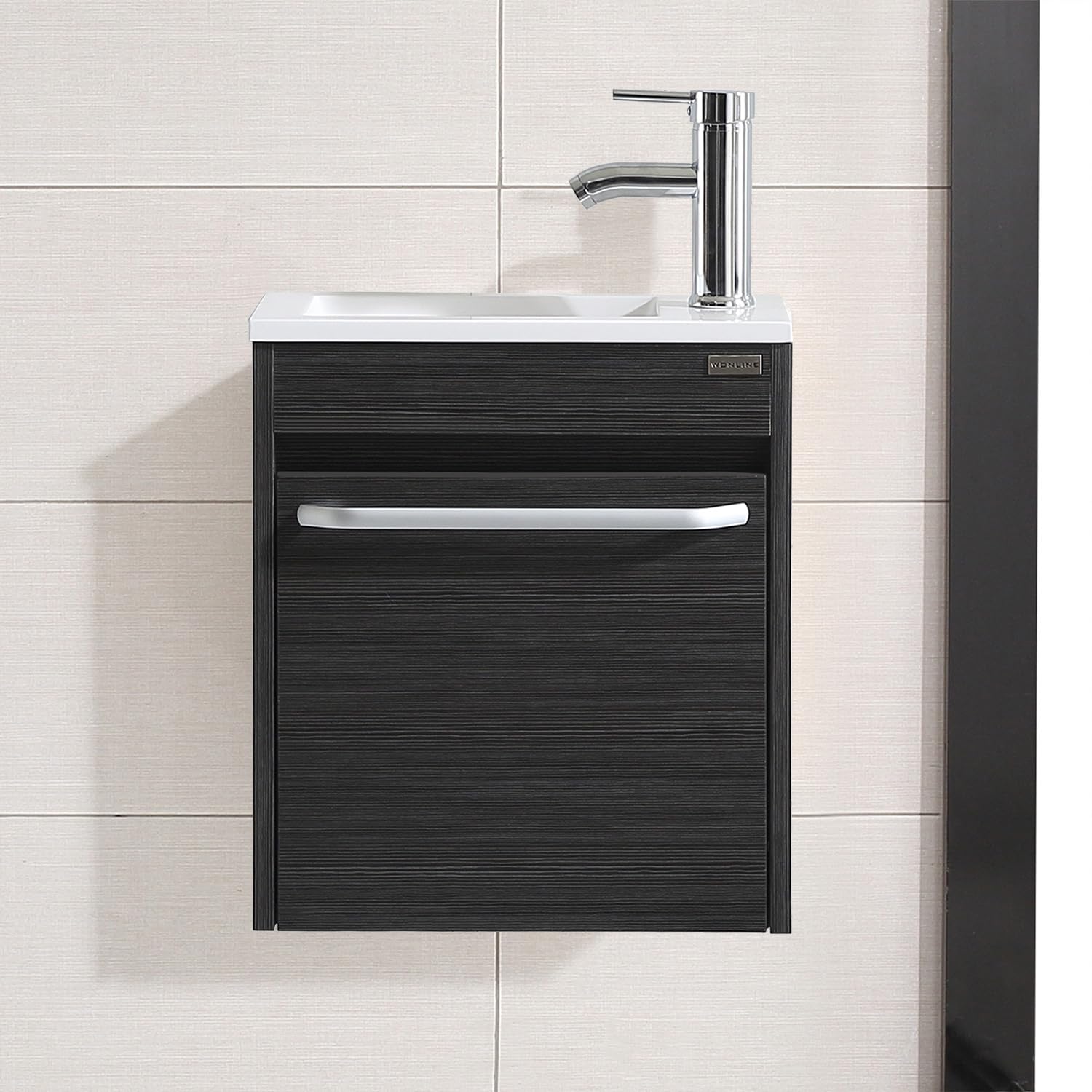 16 Inch Floating Vanity Bathroom Wall Mounted Vanity with Sink Basin & Chrome Faucet Set for Small Spaces (Black)