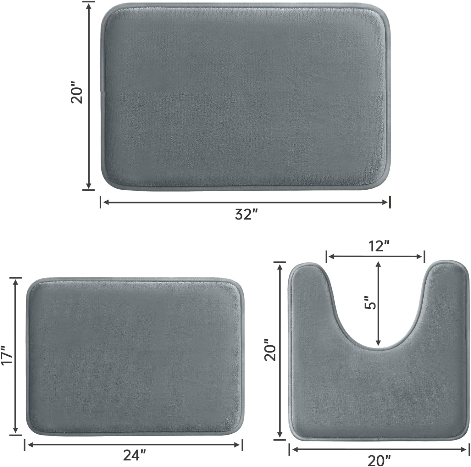 HUXMEYSON Bathroom Rugs Sets 3 Piece, Ultra Soft Velvet Memory Foam Bath Rugs, Non-Slip & PVC Backing Bathroom Mat Set, Washable Quick Dry Bath Rug - Grey