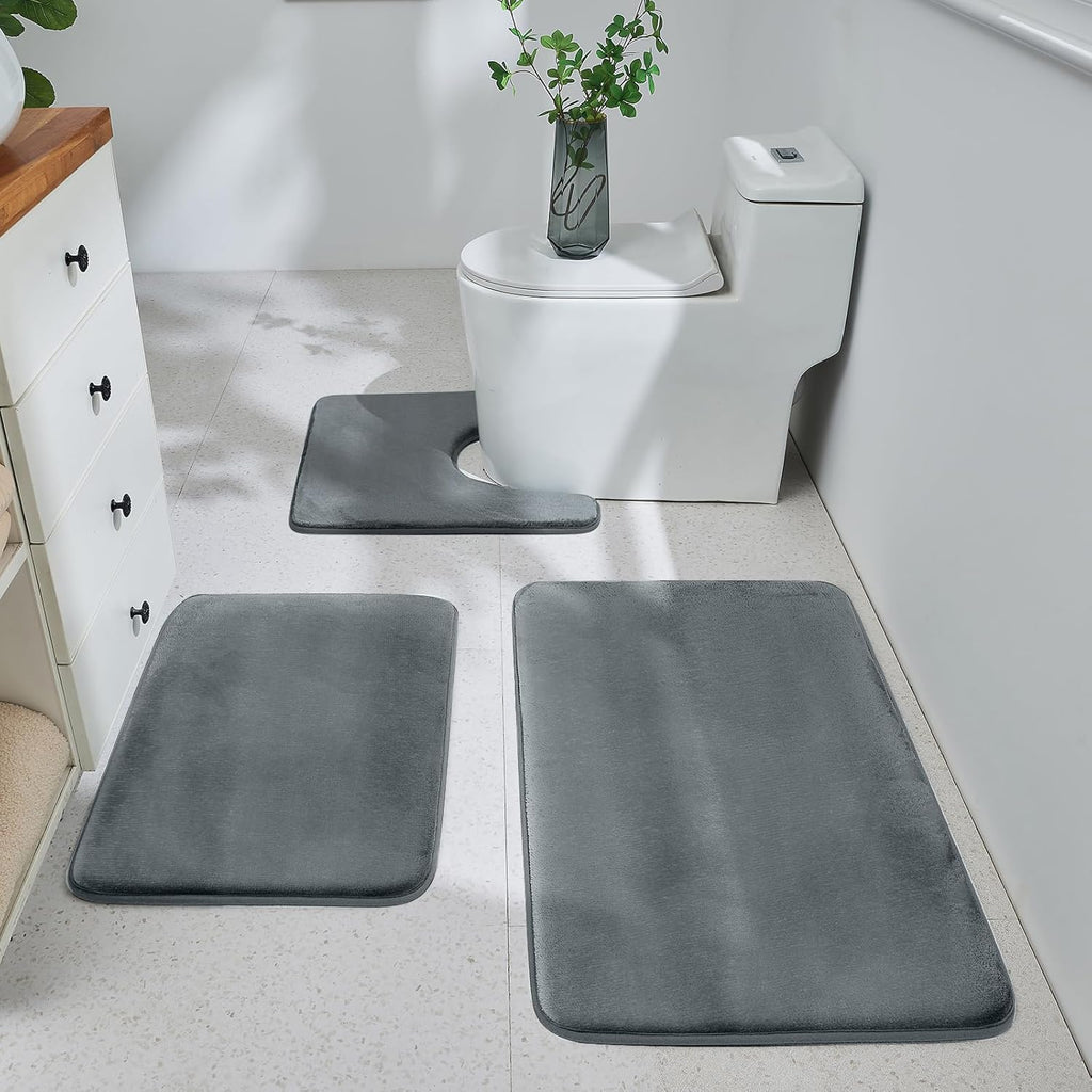 HUXMEYSON Bathroom Rugs Sets 3 Piece, Ultra Soft Velvet Memory Foam Bath Rugs, Non-Slip & PVC Backing Bathroom Mat Set, Washable Quick Dry Bath Rug - Grey